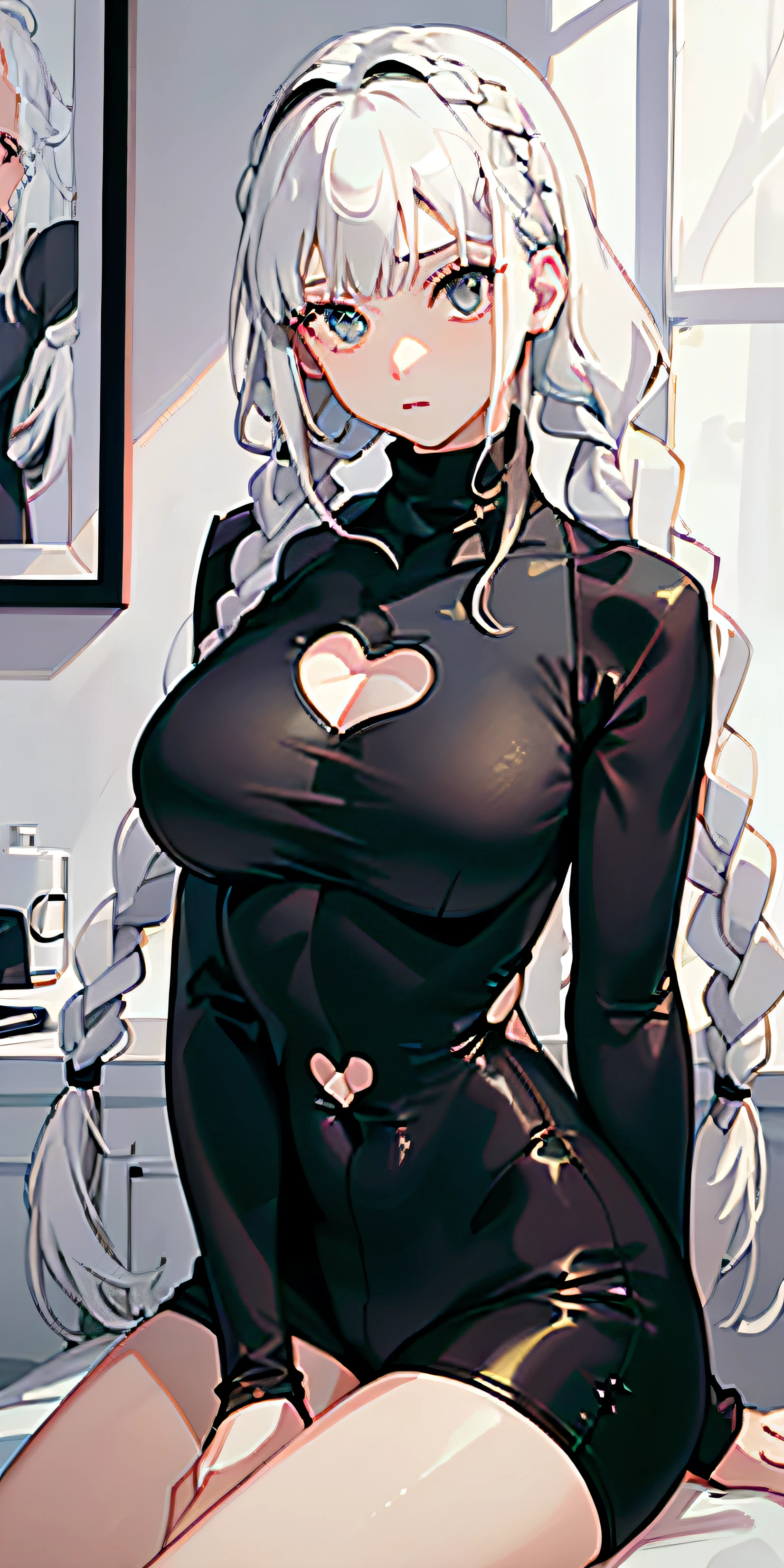 (masterpiece), best quality, expressive eyes, perfect face, ((1girl with white hair and braids)), ((She is wearing a black turtleneck bodysuit with inbuilt shorts and a heart cutout)), ((Black turtleneck top)), ((Sitting in her room)), (Big breasts) ((Pretty))