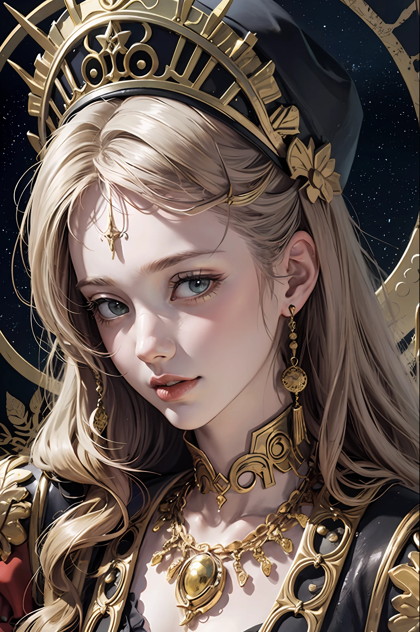 (masterpiece, top quality, best quality, official art, beautiful and aesthetic:1.2), (1girl), extreme detailed,colorful,highest detailed, official art, unity 8k wallpaper, ultra detailed, beautiful and aesthetic, beautiful, masterpiece, best quality, (zentangle, mandala, tangle, entangle) ,holy light,gold foil,gold leaf art,glitter drawing, PerfectNwsjMajic