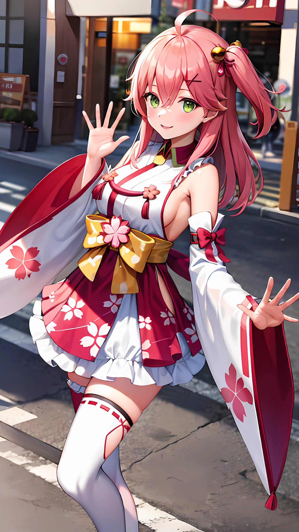 masterpiece, best quality, highres, miko1, sakura miko, 1girl, green eyes, solo, ahoge, x hair ornament, pink hair, single thighhigh, floral print, hairclip, sideboob, hair bell, floral print, long hair, hair between eyes, one side up, white thighhighs, asymmetrical legwear, wide sleeves, cowboy shot, smile, waving, street,