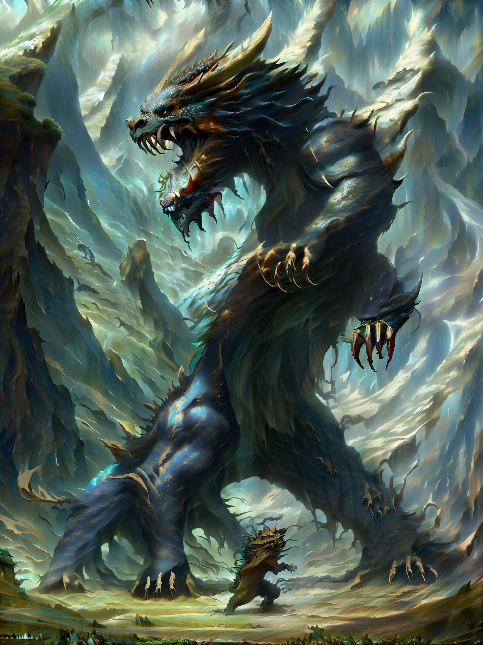 immensity，Domineering，Mountain and Sea Sutra，Ferocious beasts，Angular，Five tails，Handsome，Beast form，Giant claws open their teeth，Dancing claws