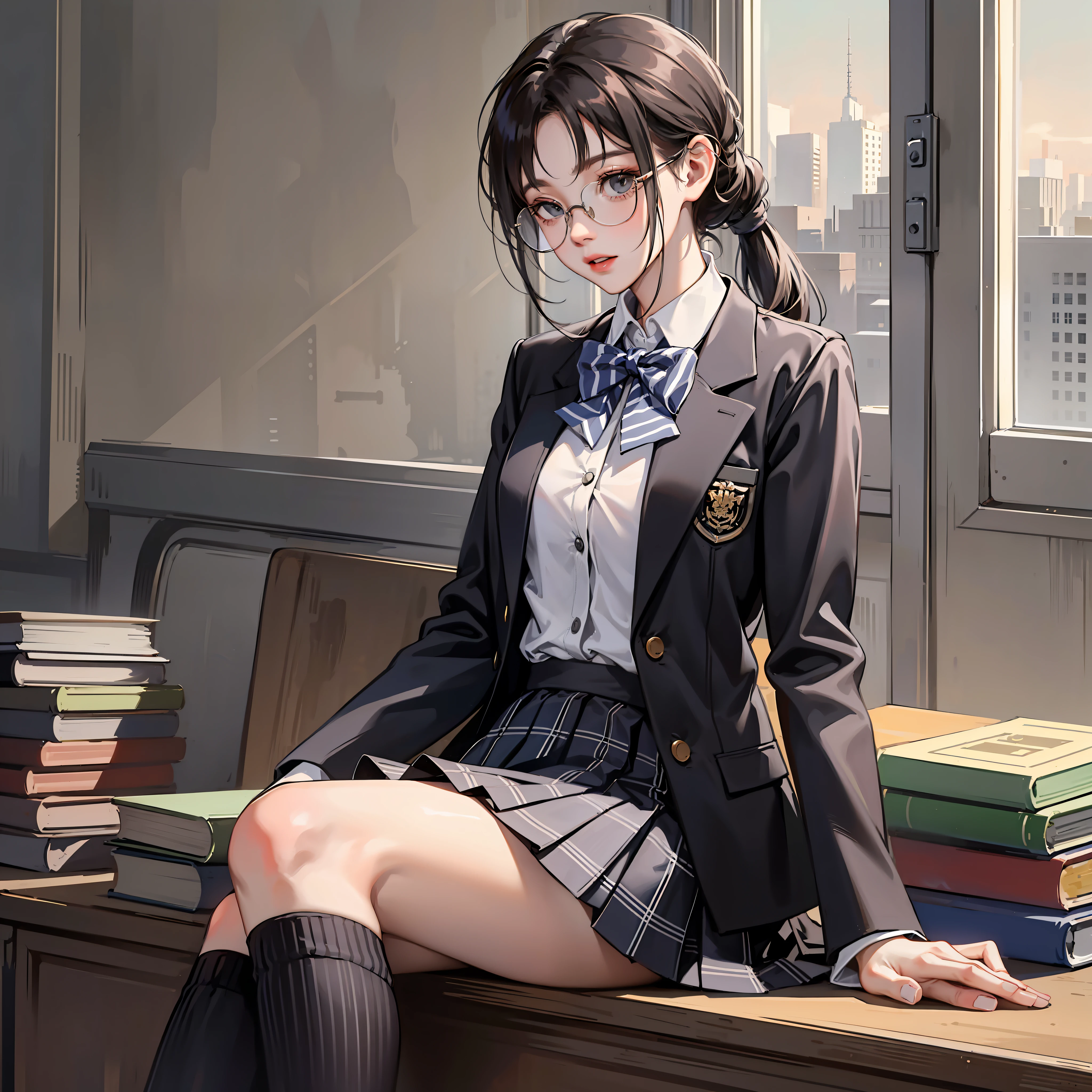 Korean preppy style, Outrageously long ponytail, Parted bangs, Dress school uniform, Dark gray open jacket, Dark gray blazer, Pleated skirt, plaid skirts,long skirt,over knee socks, circle glasses, Read a book in the study, The morning sun pours,Shy and quiet girl, looking at the distance, Extremely detailed hair, intricately details, Best quality, The upper part of the body, realisticlying,Need,tmasterpiece