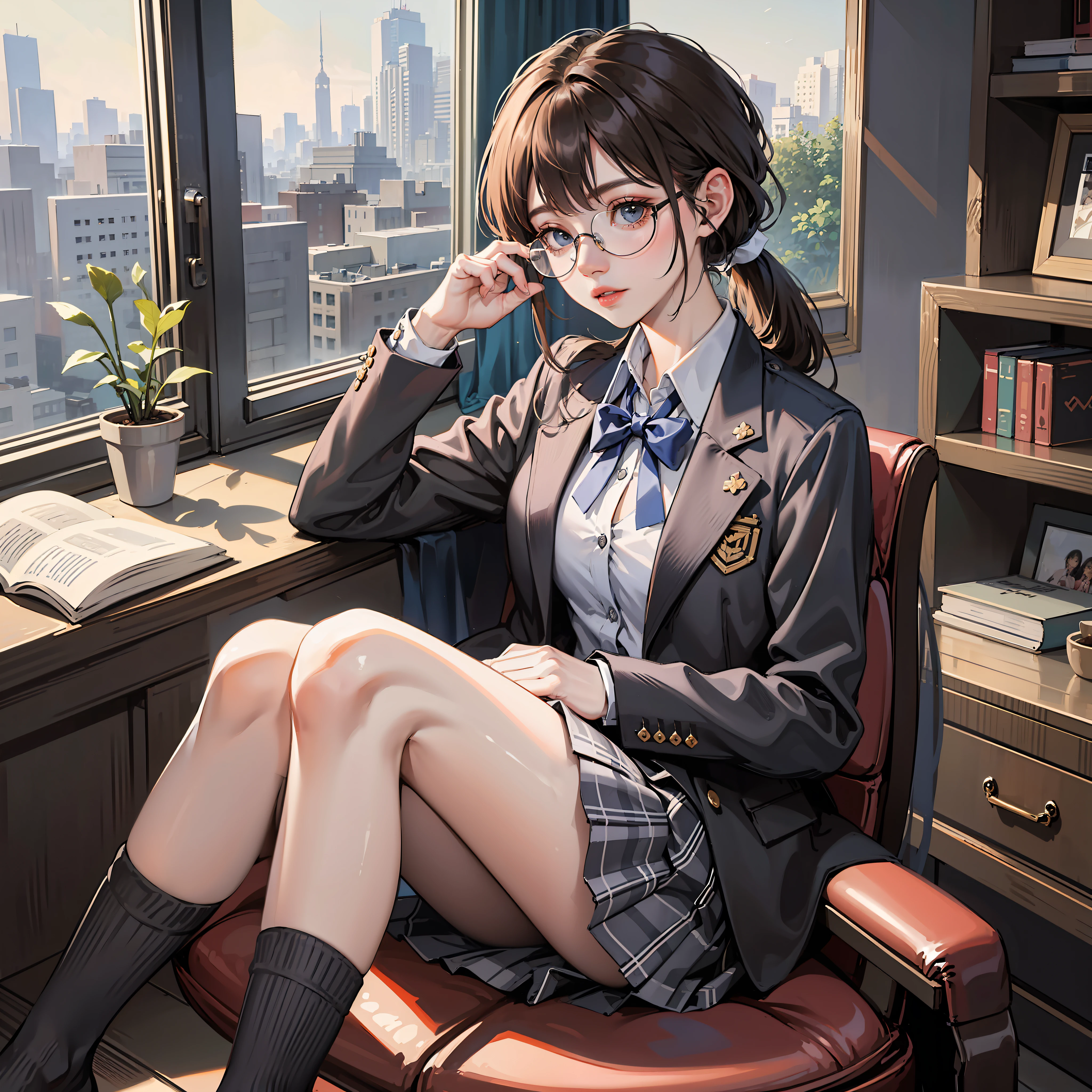 Korean preppy style, Outrageously long ponytail, Parted bangs, Dress school uniform, Dark gray open jacket, Dark gray blazer, Pleated skirt, plaid skirts,long skirt,over knee socks, circle glasses, Read a book in the study, The morning sun pours,Shy and quiet girl, looking at the distance, Extremely detailed hair, intricately details, Best quality, The upper part of the body, realisticlying,Need,tmasterpiece
