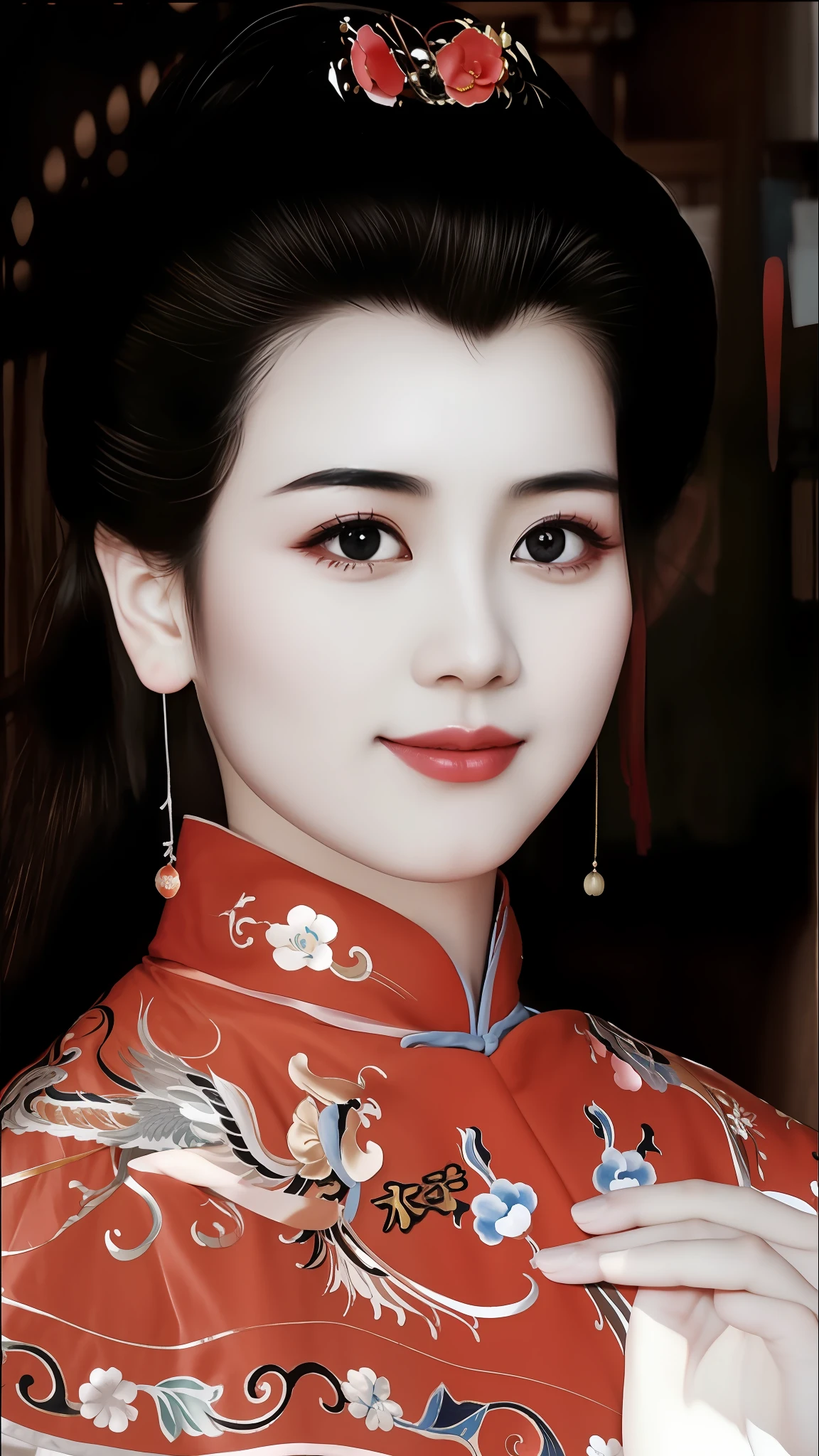 in a red dress，Arafard Asian woman，There are red flowers on the hair, Chinese girl, Chinese woman, China Princess, ancient chinese beauti, Princesa chinesa antiga, Chinese traditional, Inspired by Qiu Ying, Traditional beauty, inspired by Yao Tingmei, Inspired by Lan Ying, traditional art, Chinese style, detailed face of a asian girl, inspired by Xie Huan