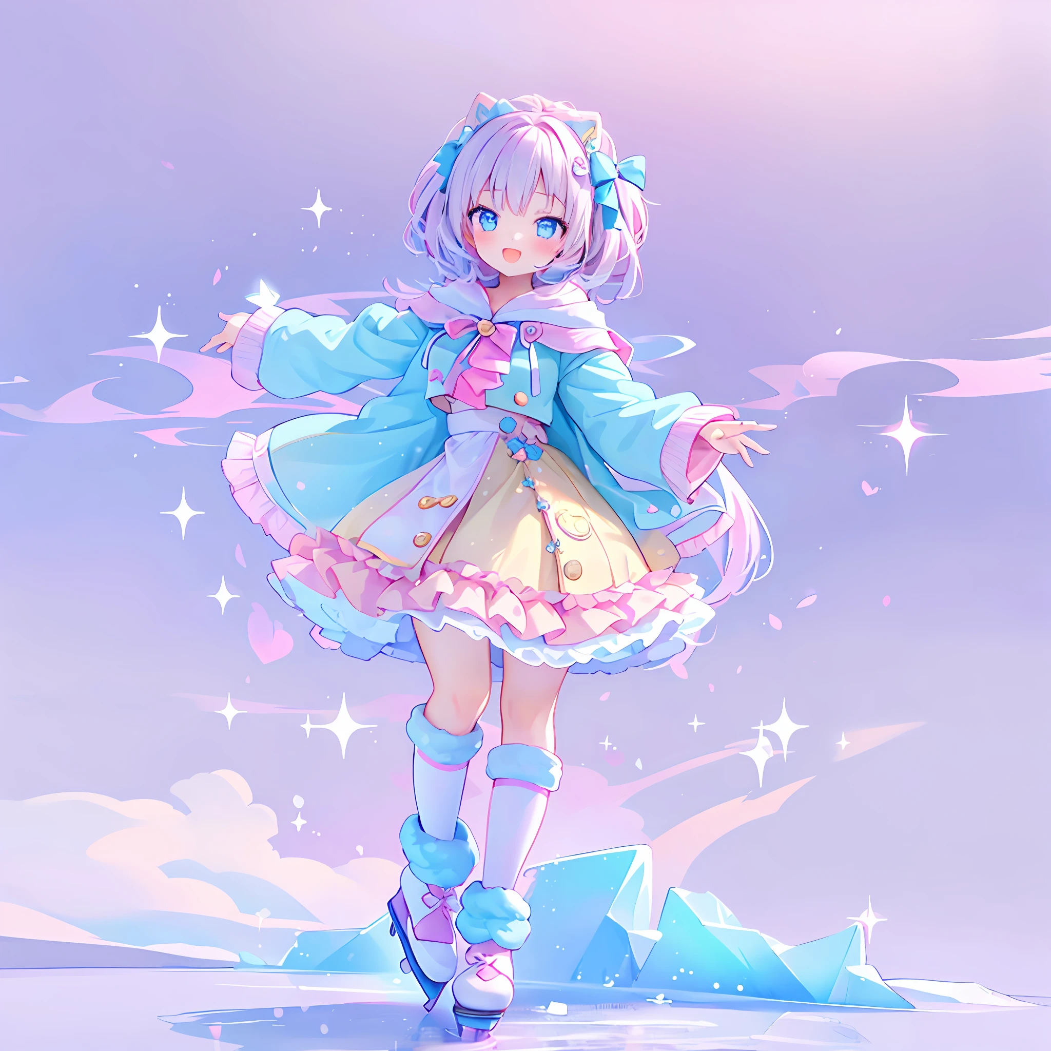 (1girl), idol, ice skating on the frozen lake, kawaiitech, kawaii, cute, pastel colors, best quality, happy,  deep background