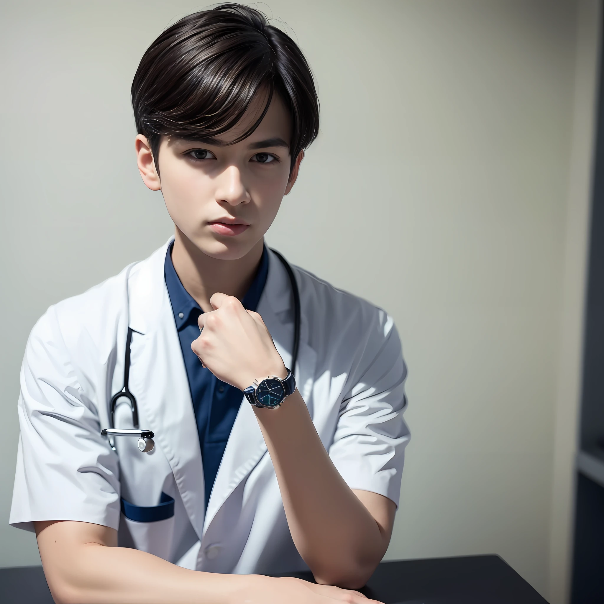 Casual pose,(An extremely delicate and beautiful work),(tmasterpiece),1boy,Male doctor,White coat and navy blue frosted surgical gown,with short black hair,brush cut,high detal,Wrist watch,The expression is grim,Clear eyes,Simple blur of background,extreme detail depiction,Handsome and compelling,an ultrafine painting,Delicate face,Fine mix4,(8K, RAW photo, Best quality , tmasterpiece:1.2), (realisticlying, realisticlying:1.37),1boy,Handsome,Hospital office background,Professional lighting, photon maping, Radio City, Physically-based rendering,