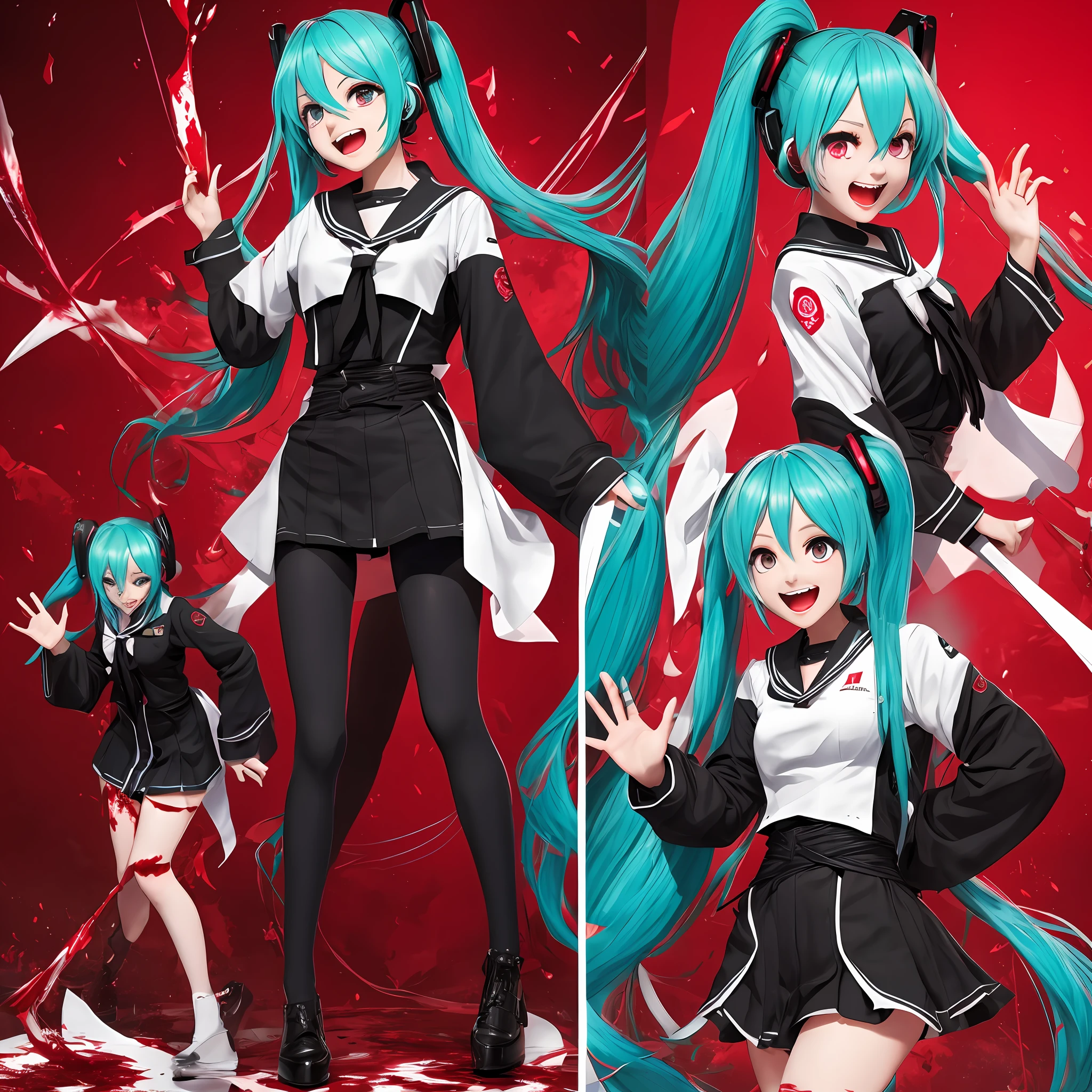 Horror Hatsune Miku full body photo,Wicked laugh,red color eyes,Multi-eye,dual horsetail,Long hair and waist,Put on a sailor suit stained with blood,Long tongue,The stands up,Open your hands,,8K --auto