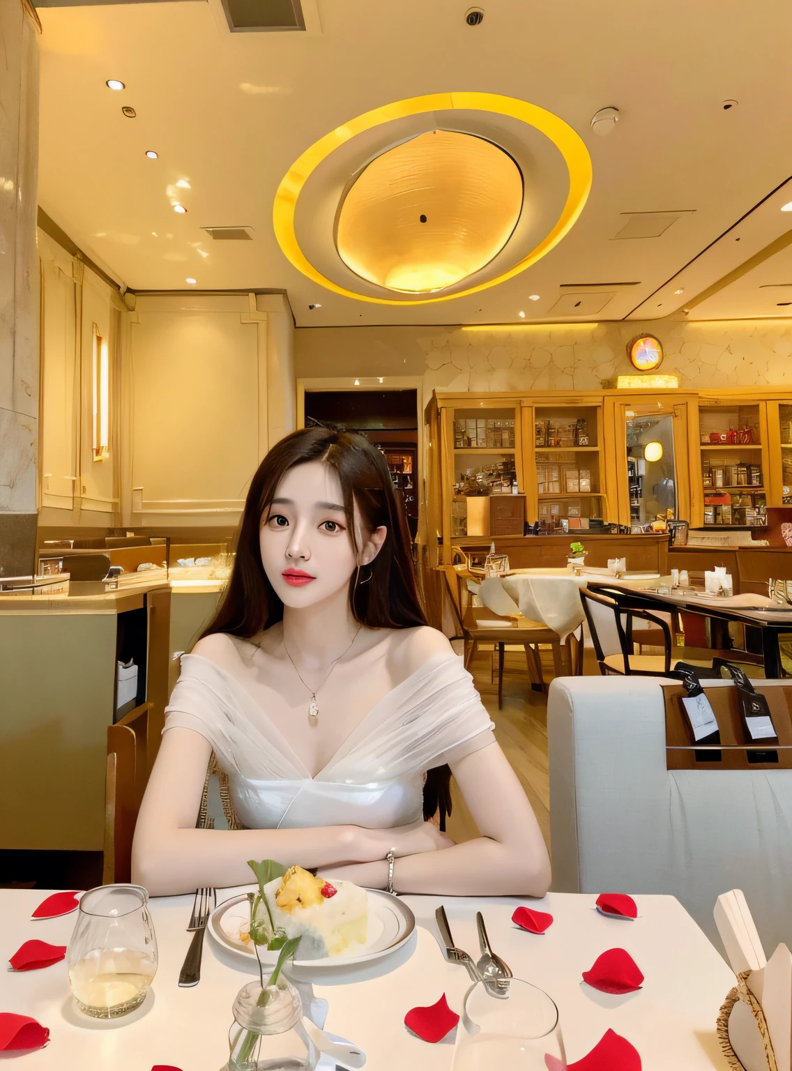 There was a woman sitting at the table,Carrying a plate of food, shaxi, wenfei ye, Cai Xukun, xintong chen, dilraba dilmurat, Gemma Chen, lulu chen, 2 7 years old, xision wu, 2 9 years old, chengyou liu, 2 8 years old, bae suzy, Zhang Wanting, 2 d cg