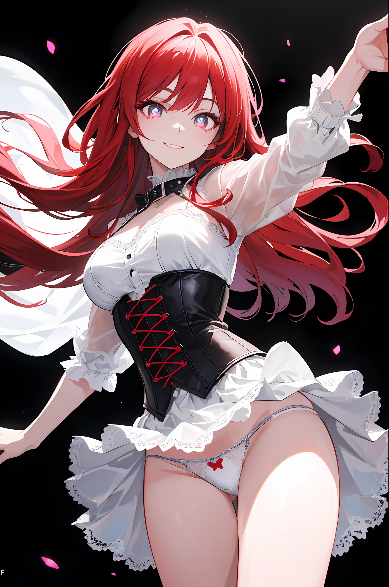 heartthrob, Masterpiece, Top quality, Beautiful face, Absurdity, hdr, (Cowboy shot, White ruffled lace mini dress, White collar, White frilled cuffs, Particle: 1.5), (full bloom, Glow: 1.4), (Smile), (Red inner hair, Fuchsia eyes: 1.7), Sharp focus, Photorealistic, high resolution, best detail, Ultra detailed, Detailed face and eyes, Sharp pupils, Realistic pupils, Sharp focus, Shiny skin, (Black long hair, Black corset: 1), (Dark Studio, Dark background: 1.5), rim lit, Dynamic and cinematic lighting, ((skirt up: 1.3)))), ((White panties visible))),