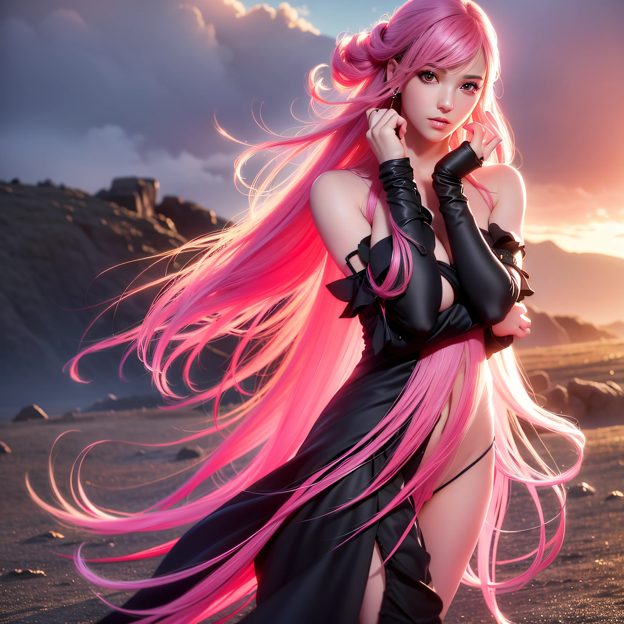1girll, Solo, Pink hair, Long hair, Red eyes, dress, Black dress, Breasts, Holding, view the viewer, mitts, arma, full body, upper legs, Black gloves, bangs, blackfootwear, holding weapon, cleavage, Pantyhose, Medium breasts, Headgear, black thighhigns, Bare shoulders, Thigh strap high resolution,An extremely delicate and beautiful,Huge_filesize,(Realistic, photo-realistic:1.57),(8K, RAW photo, Best quality, Masterpiece:1.2),(Ultra-detailed:1.4),detailed beautiful skin,Detailed skin texture,glistning skin,Cinematic lenses,Detailed light,Cinematic lighting,