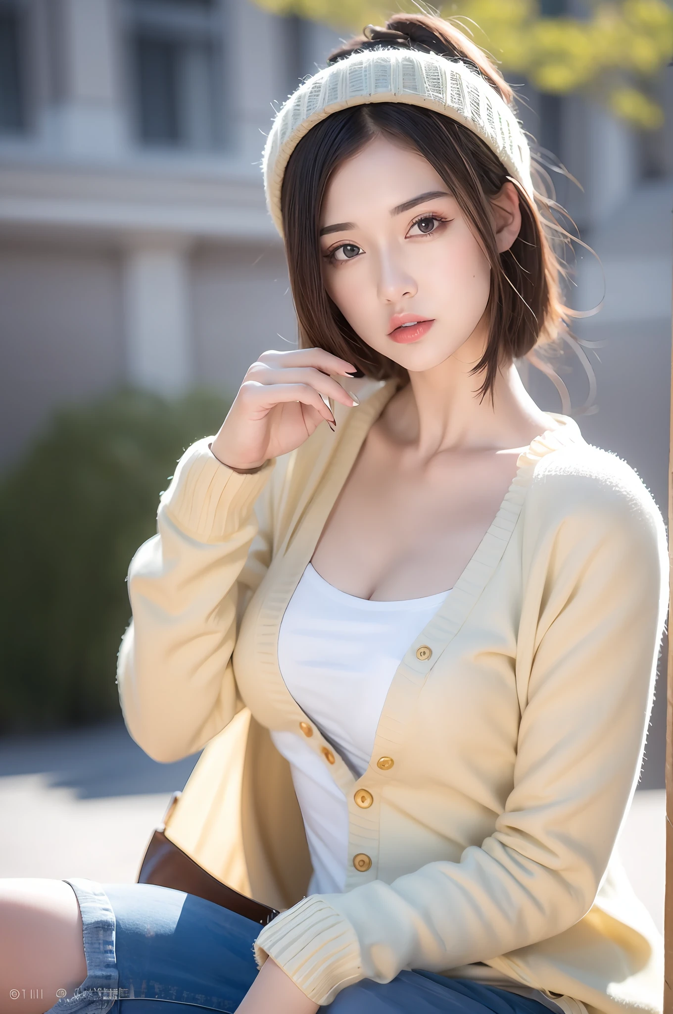 Incomparable masterpiece, perfect artwork, ((perfect female figure)), short hair, blonde hair, thin, realism, solo, (realism: 1.4), best quality, super high resolution, 1girl, porcelain, kpop ido, full body, gray cardigan, (C cup), beautiful, masterpiece, best quality, very detailed face, perfect lighting, solo, plain makeup, best quality, super high resolution, (realistic:1.4), super detailed, masterpiece, best quality, 👍 ulzzang -6500-v1.1