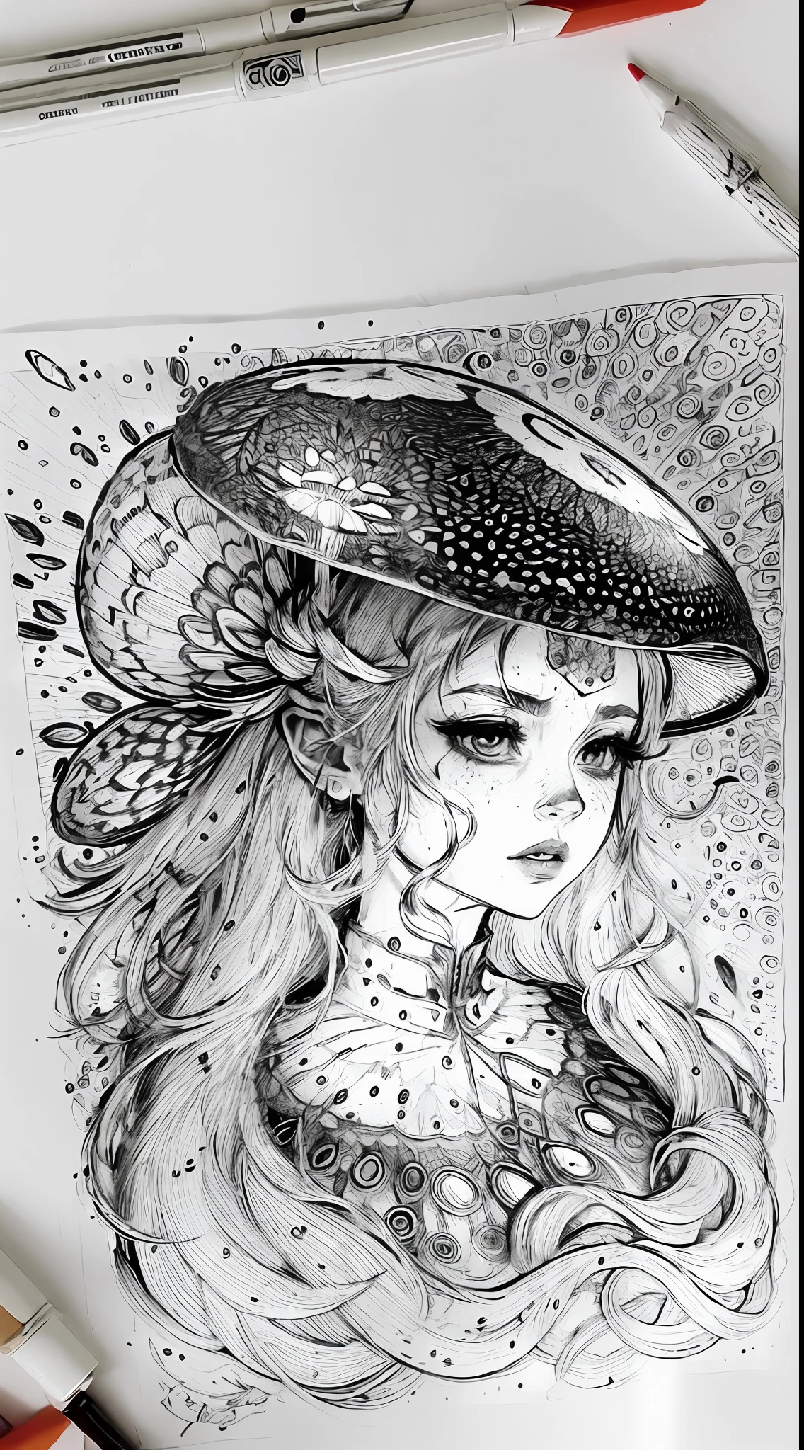 Coloring page with a black neat continuous outline, Amanita is drawn, Anti-stress coloring page