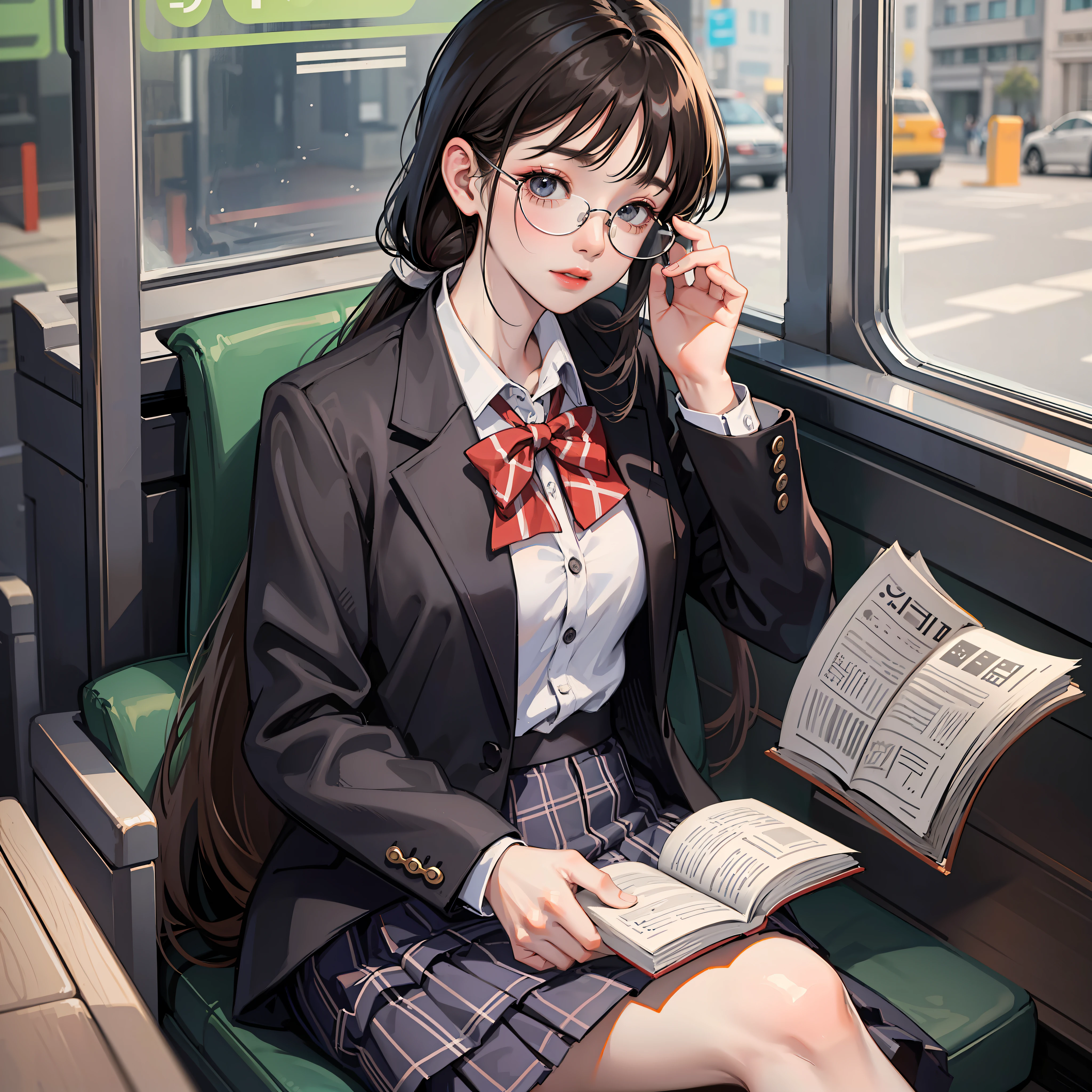 Korean preppy style, Outrageously long ponytail, Parted bangs, circle glasses, Dress school uniform, Dark gray open jacket, Dark gray blazer, Pleated skirt, long plaid skirt,over knee socks,Reading a book on the bus, The morning sun pours,Shy and quiet girl, looking at the distance, Extremely detailed hair, intricately details, Best quality, realisticlying,Need,tmasterpiece