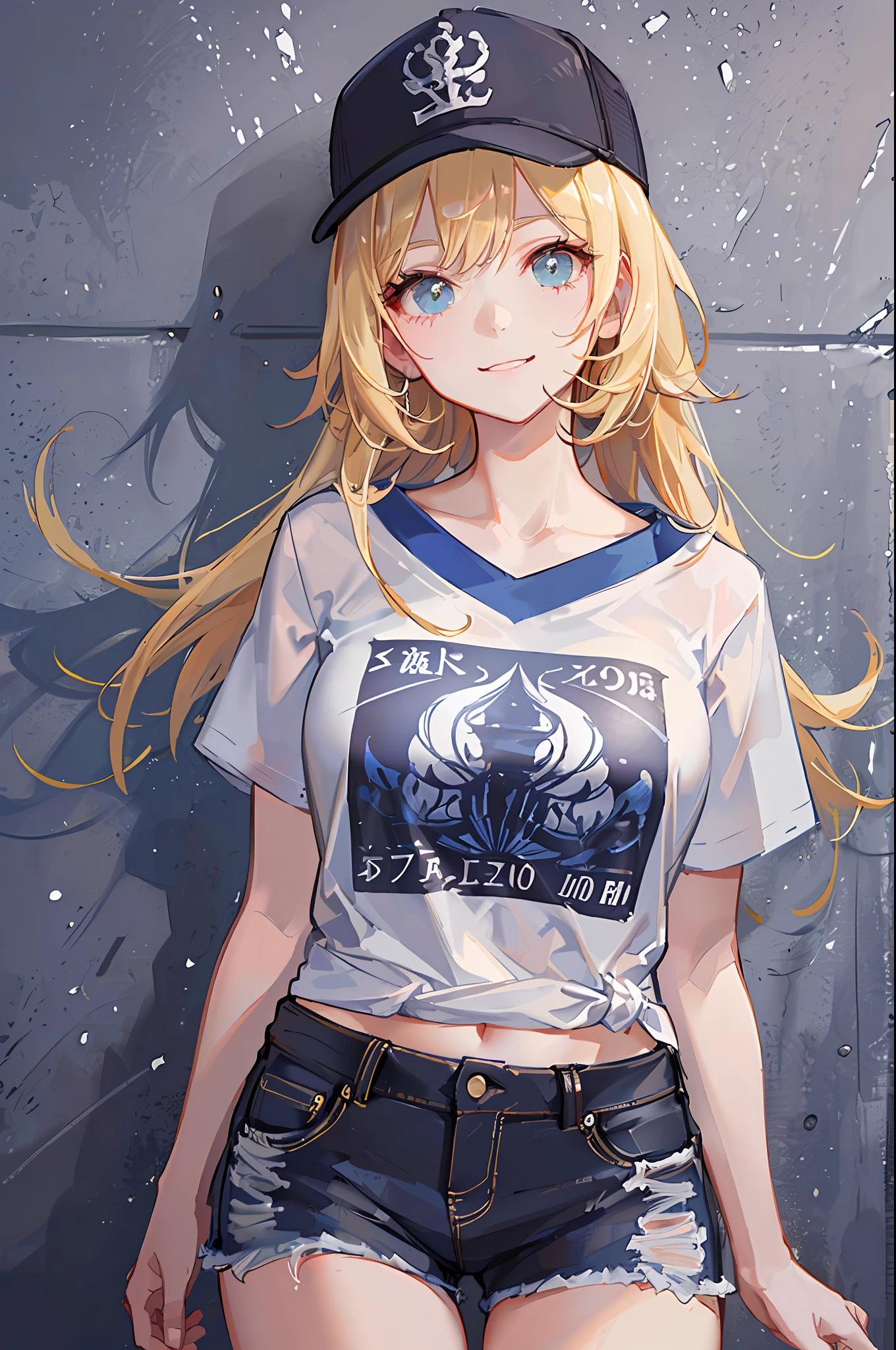 absurderes、hight resolution、ultra-detailliert、1girl in、独奏、extremely detailed eye、(Official art、Beautifully Aesthetic:1.2)、(1girl in)、(A MILF)、a smile、Extreme details、(Fractal Art:1.3)、colourfull、highestdetailed、baseball、a blond、Navy Baseball Cap、tshirts、T-shirt with tied hem、Navel Ejection、shortpants