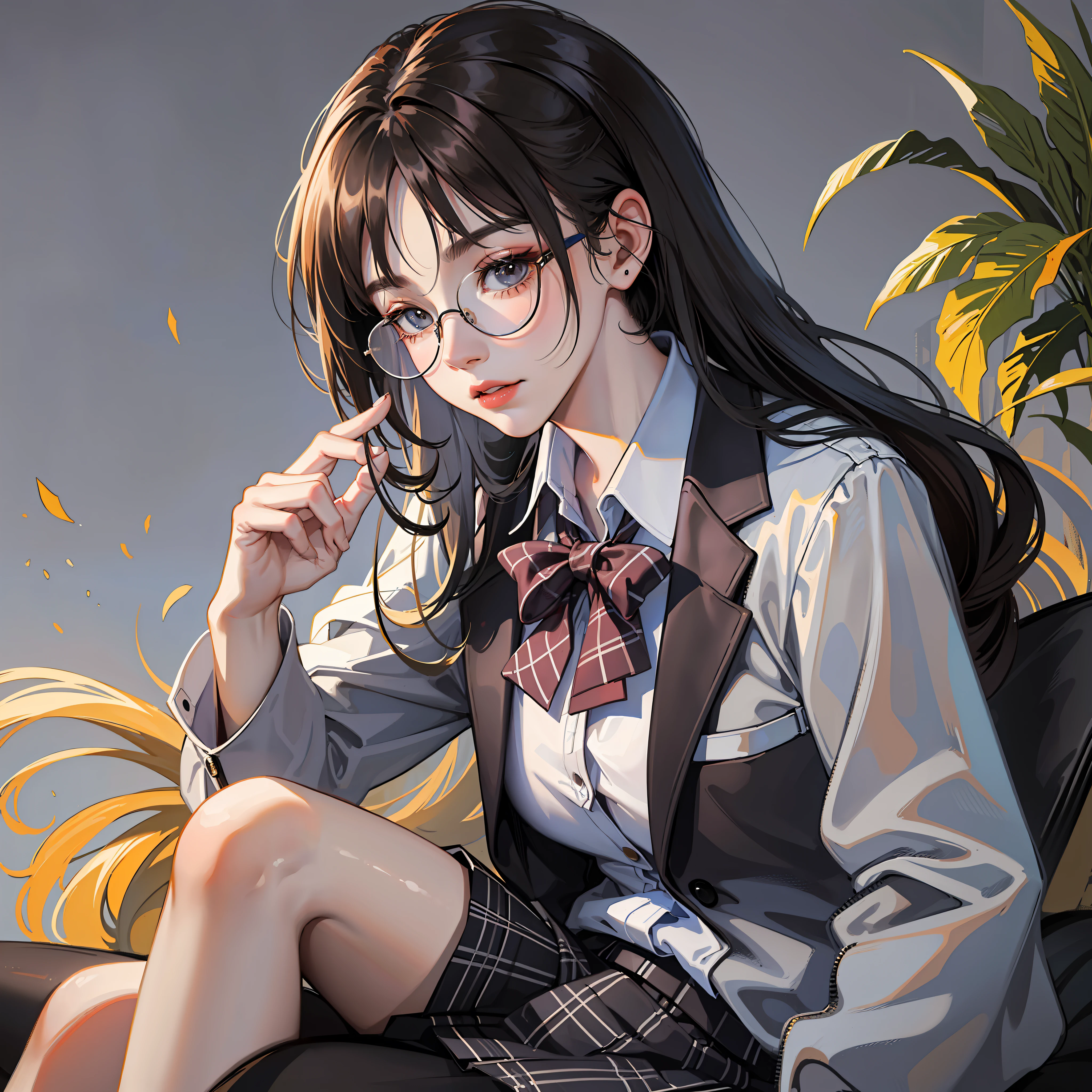 Korean preppy style, Outrageously long ponytail, Parted bangs, circle glasses, Dress school uniform, Dark gray open jacket, Dark gray blazer, Pleated skirt, long plaid skirt，Read a book in the library, The morning sun pours，Shy and quiet girl, Reserved and dignified，looking at the distance, Extremely detailed hair, intricately details, Best quality, realisticlying，Need，tmasterpiece