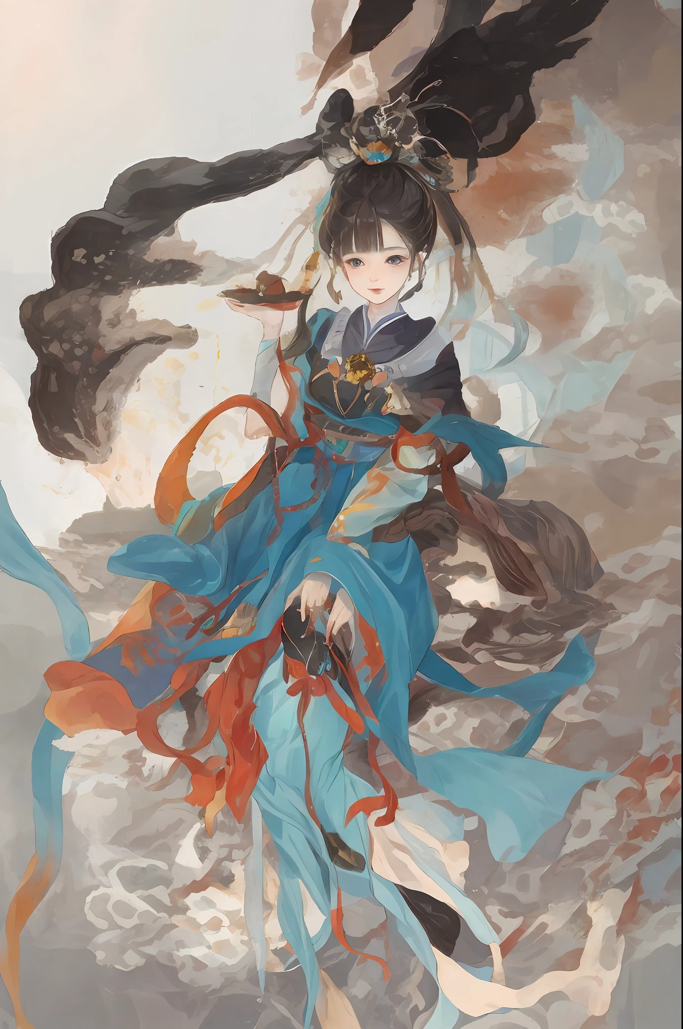 An ancient Chinese beauty sitting on a stone, wearing ancient Chinese clothing, flowing tulle, light silk, lazy posture, large lotus leaf, lotus, ink painting style, clean color, decisive cutting, blank, freehand, masterpiece, super detailed, epic composition, high quality, the highest quality, 4k --v 6