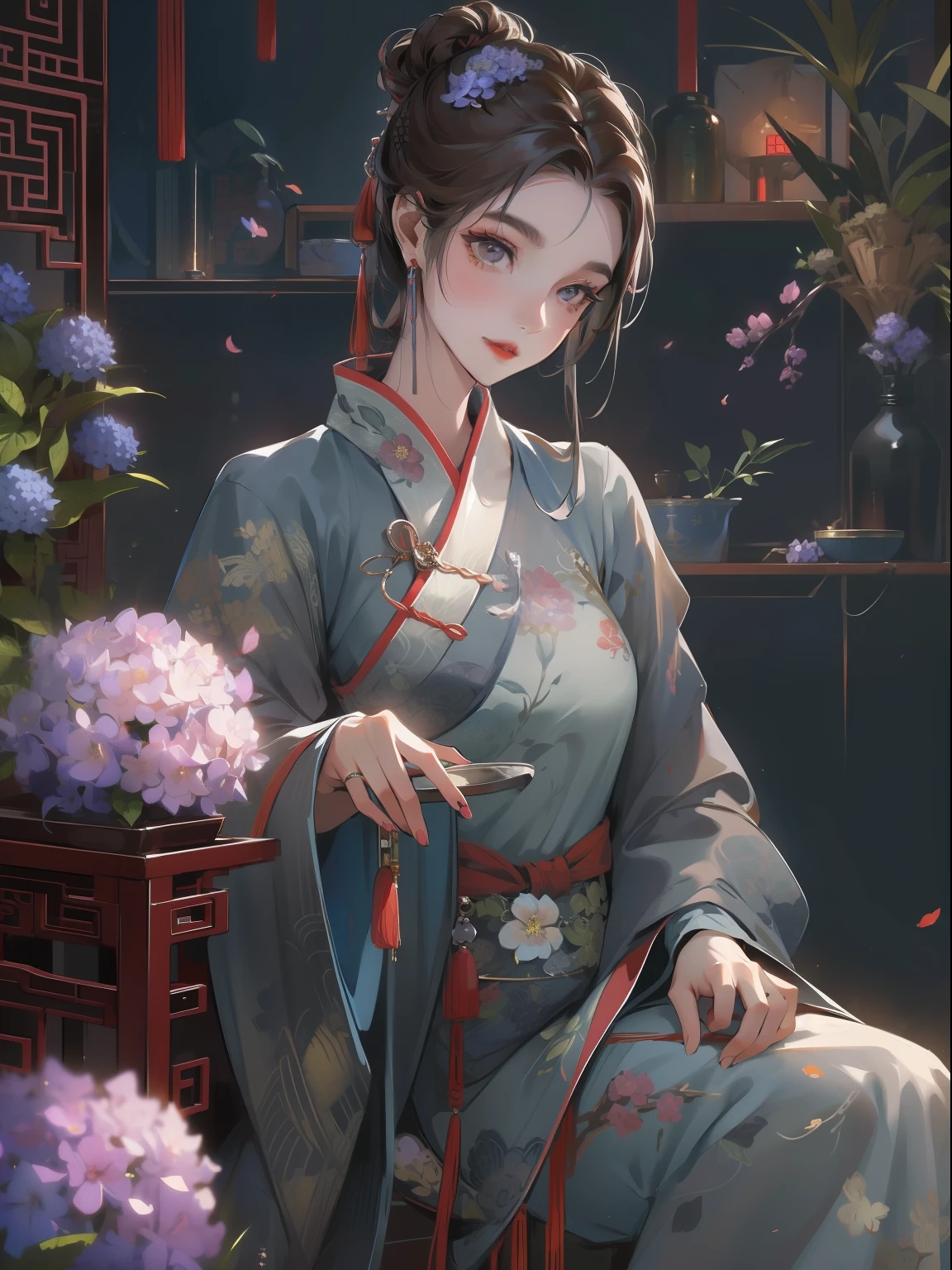 Masterpiece, Superb Product, Night, Full Moon, 1 Woman, Mature Woman, Chinese Style, Antique Chinese, Sister, Royal Sister, Smile, Brunette Hair, Updo, Red Lips, Calm, Intellectual, Hairpin, Hair Flower, Detailed Facial Details, Detailed Eyes, Full Body, Gray Eyes, Long Hair, Hydrangeas