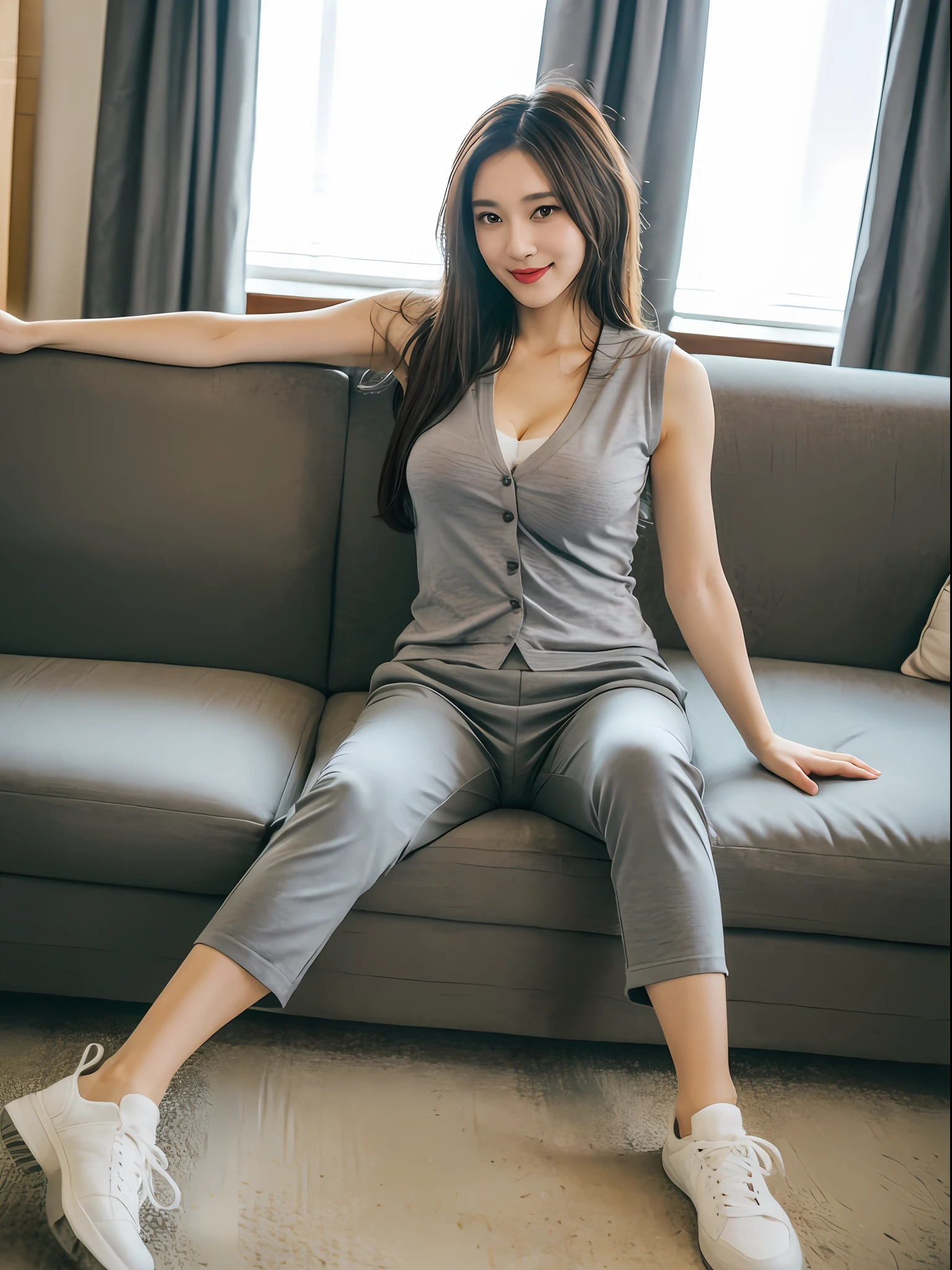 ((Best picture quality, 8K, tmasterpiece:1.3))，((1个Giant Breast Girl))，Long hair with a shawl，Ultra-fine face，A detailed eye，ssmile，Small chest，Slender abs，The butt is upturned，((grey vest，Gray trousers，Gray sneakers，The legs are long and thin，Lying on the sofa，Behind the sofa are curtains))，
