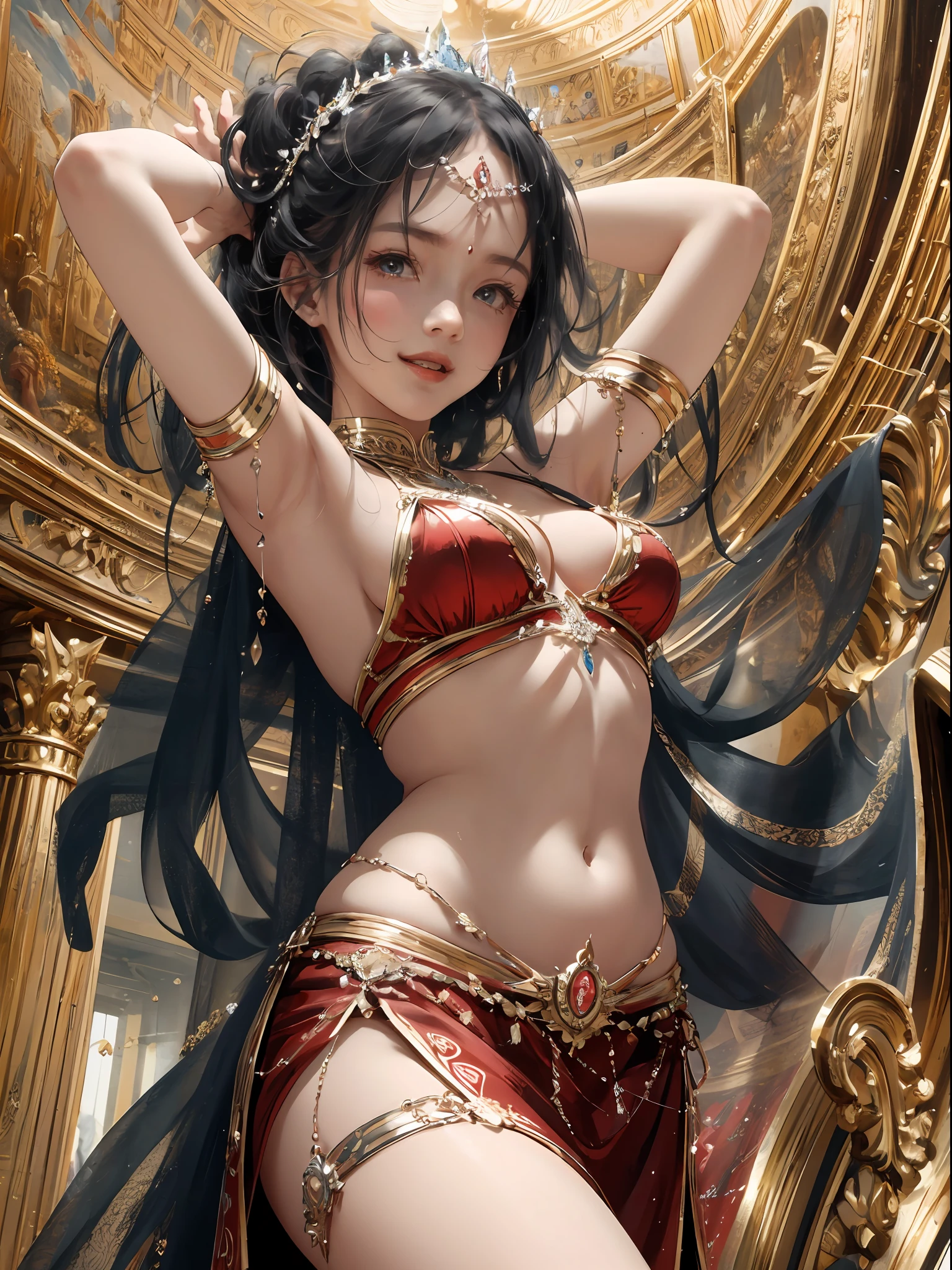 wlop,random pose, random hairstyle, highest quality, 1girl, ultra extreme detail, absurdity, ultra high resolution, raw, global illumination, illustration, eggyptian greco-roman, from below, dynamic angle, smile happy, small and medium breasts, (fantasy: 1.2), salon, belly dancer, dancing in palace, /break/ historical events, cultural heritage, past eras, Important milestones, ancient artifacts and timeless stories