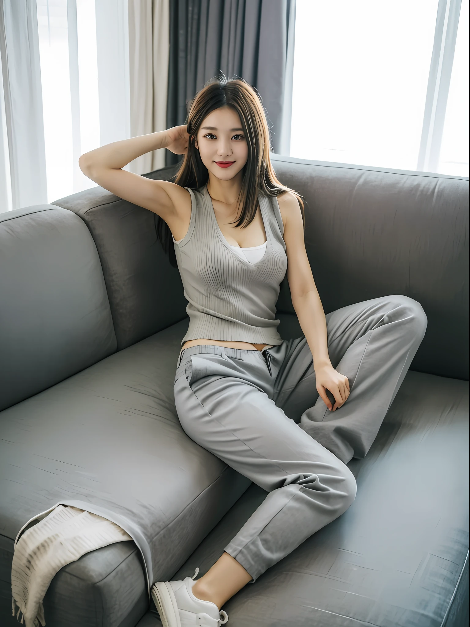 ((Best picture quality, 8K, tmasterpiece:1.3)),((1个Giant Breast Girl)),Long hair with a shawl,Ultra-fine face,A detailed eye,ssmile,Small chest,Slender abs,The butt is upturned,((grey vest,Gray trousers,Gray sneakers,The legs are long and thin,Lying on the sofa,Behind the sofa are curtains)),
