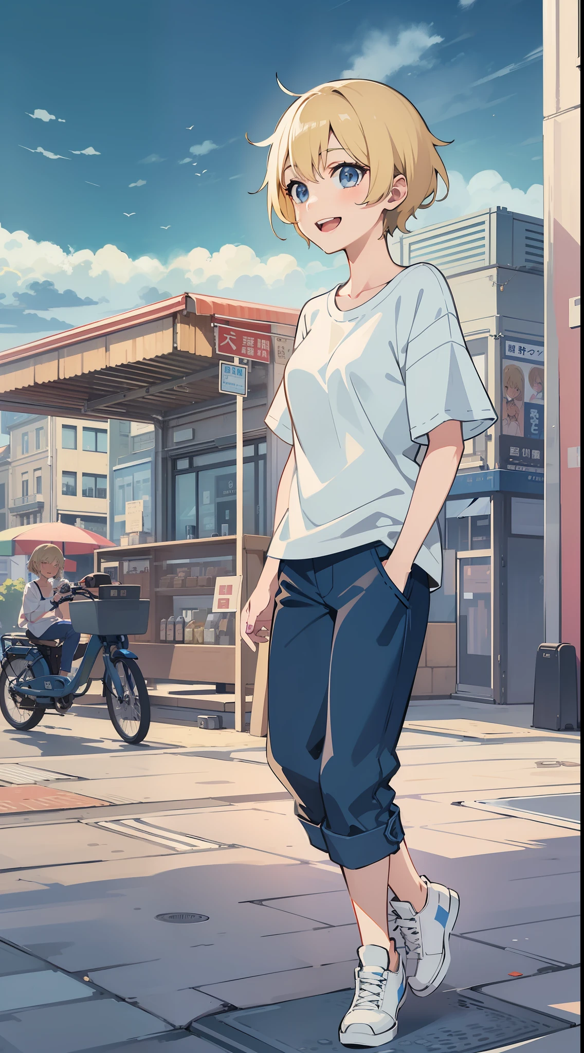 Become a woman。Blonde short-haired woman。Wearing a white T-shirt and dark blue pants、I'm on the street of the building。Eating crepes。The face is a smile。It is an anime-style illustration。Beautiful with the best image quality