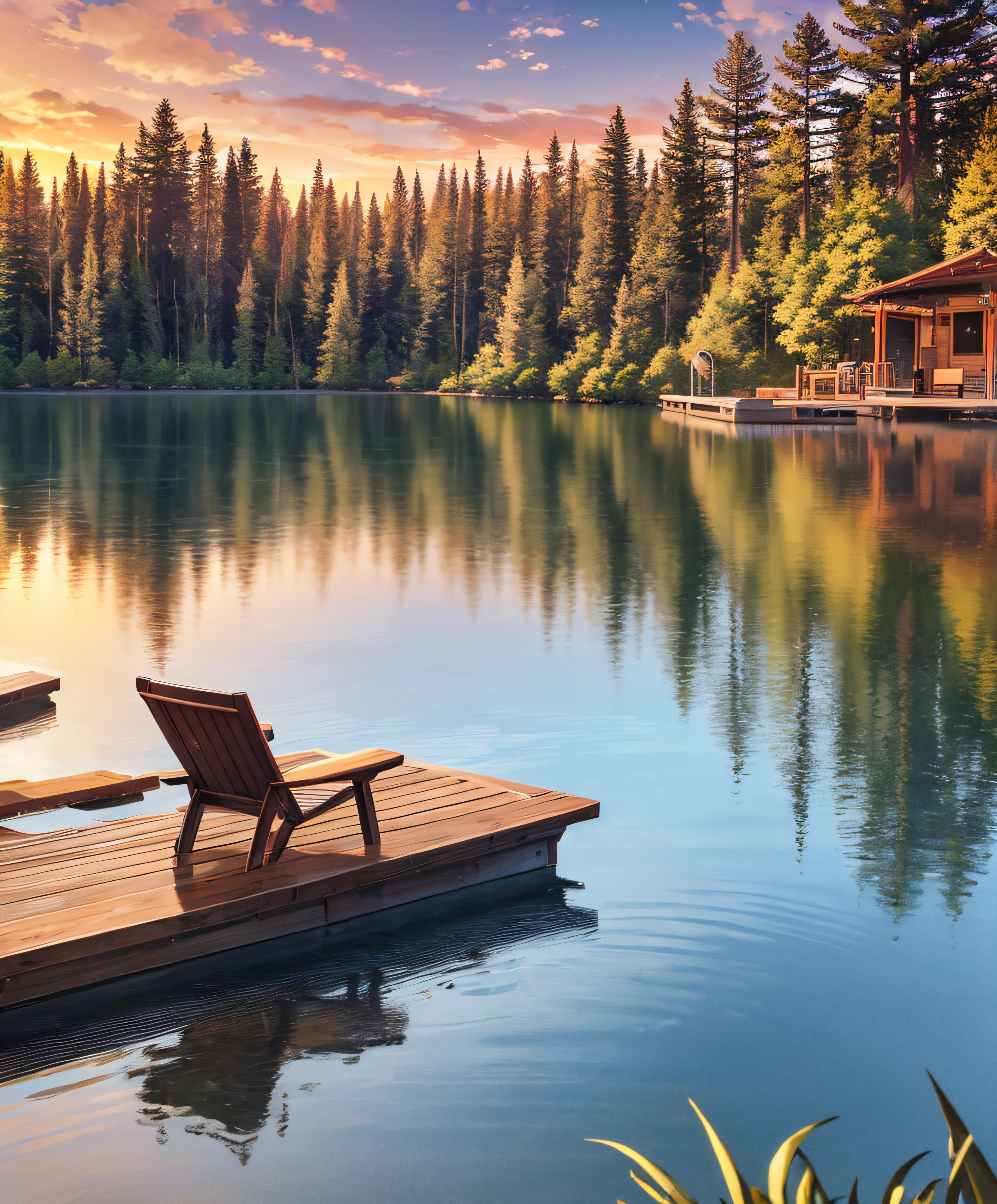 Relaxing in a luxurious deck chair on a pontoon by a private lake at sunset, cabin in the woods,👄,👩🏽🦰,🍾