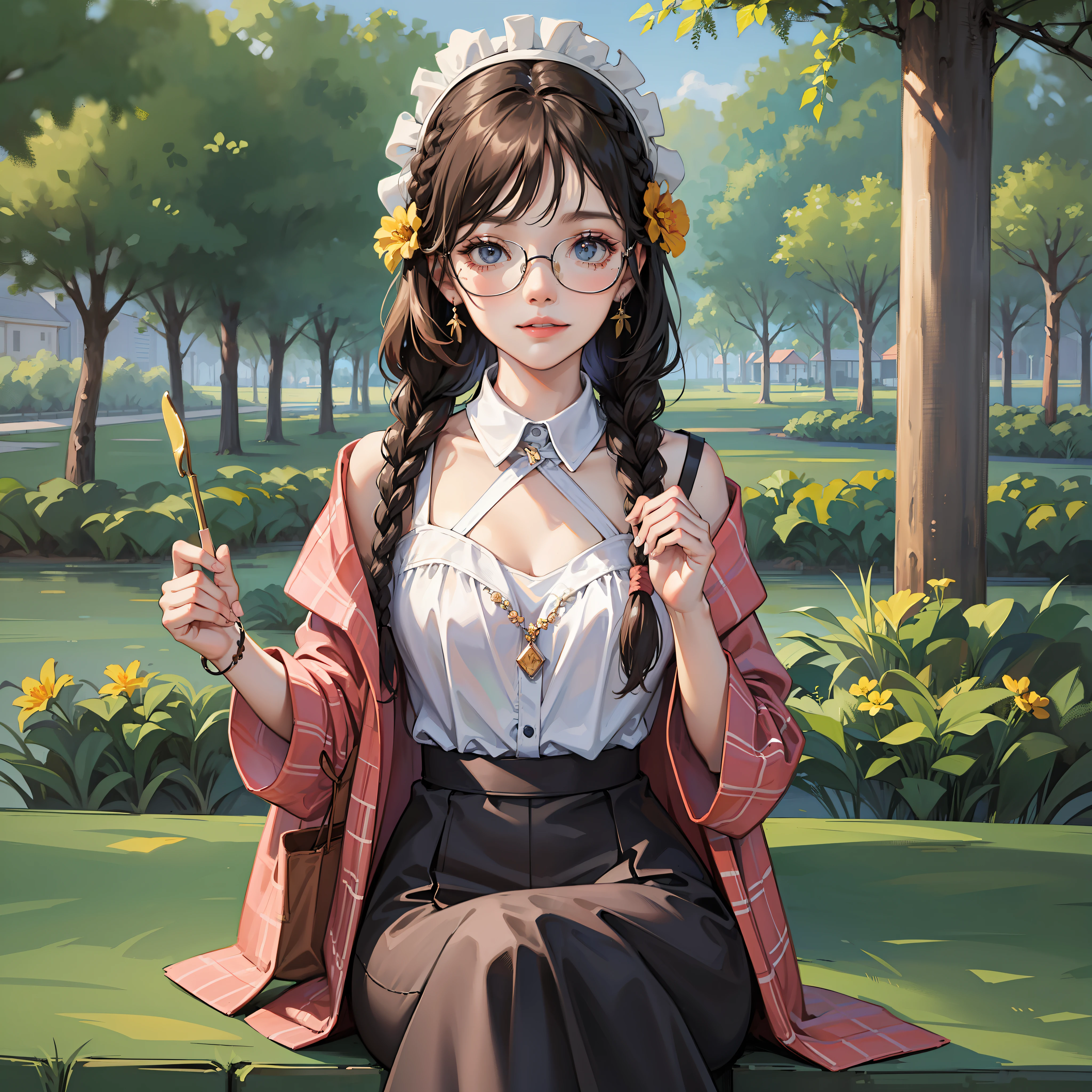 Masterpiece, best quality,
1 girl, looking at the audience,
Reserved class leader girl, gentle smile, relaxed posture, braid braids, glasses, casual conservative clothing, tasteful details, accessories, shoes, bags, leisure environments such as parks, cafes or shopping centers, soft pastel colors and natural tones, background scenery of plants and animals, relaxed atmosphere,
Anime, Illustrations,
Delicate skin texture, delicate fabric texture, beautiful delicate face, intricate details, super detailed,