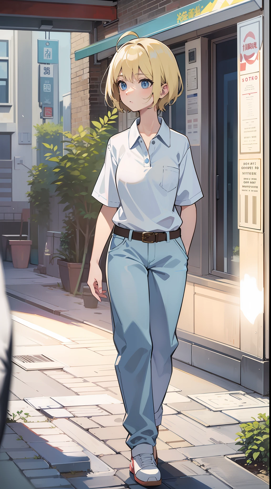 Become a woman。Blonde short-haired woman。Wearing a white polo shirt and dark blue pants、I'm on the street of the building。It is an anime-style illustration。Beautiful with the best image quality