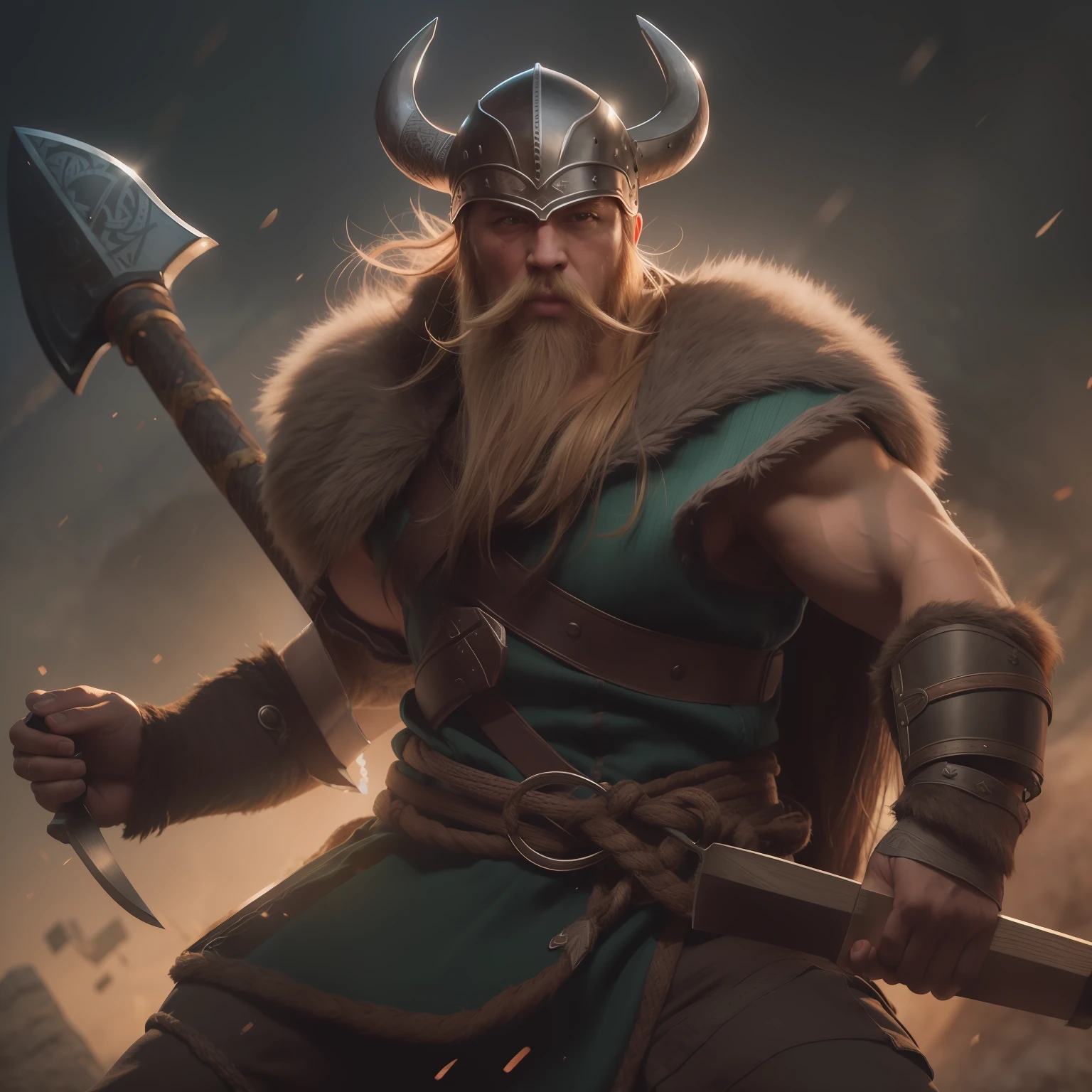 (a powerful and fierce Viking warrior, wielding a mighty axe)