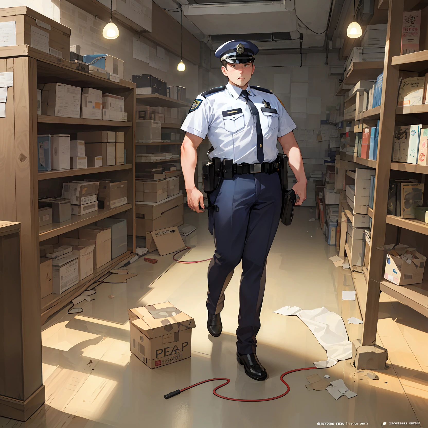 This policeman exudes an air of grim and righteousness,bloated,Full body appearance