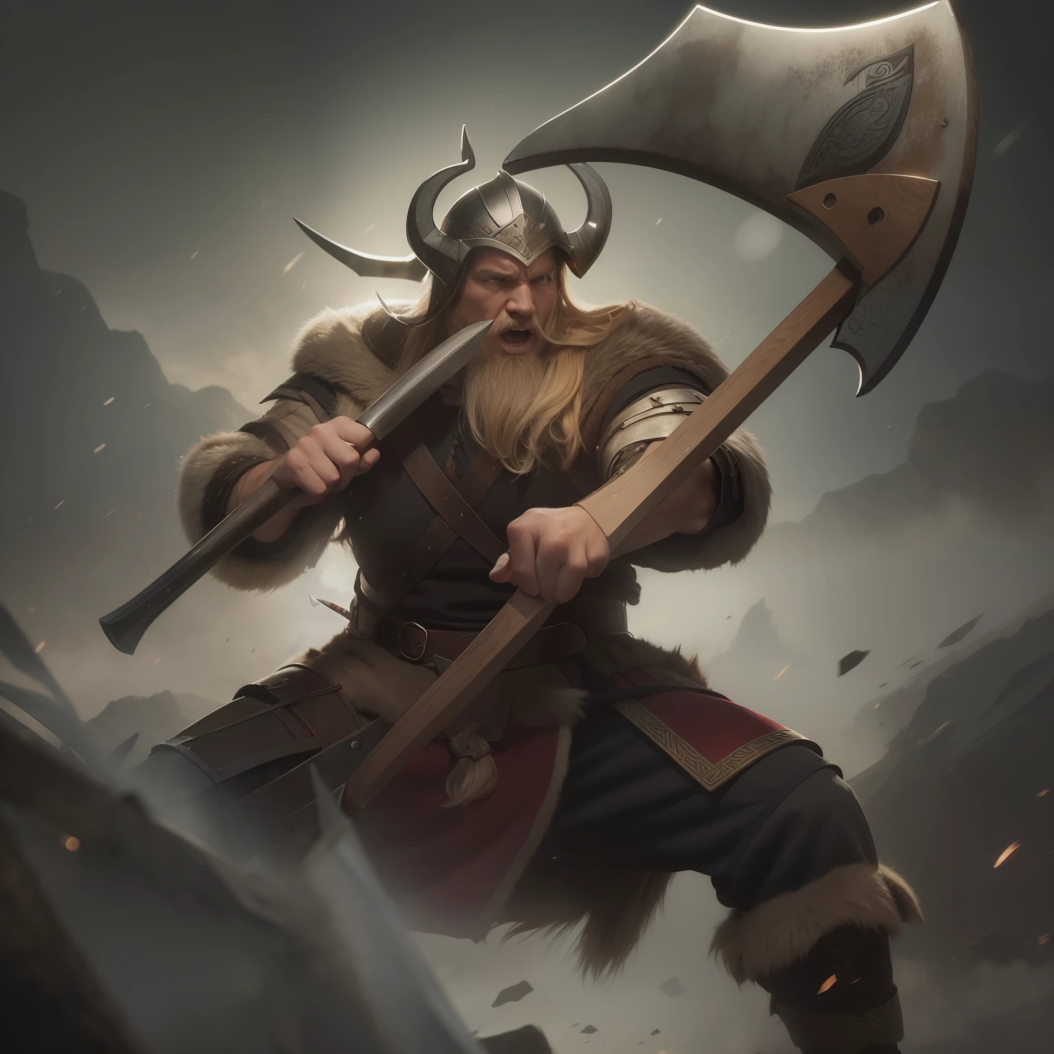 (a powerful and fierce Viking warrior, wielding a mighty axe)
