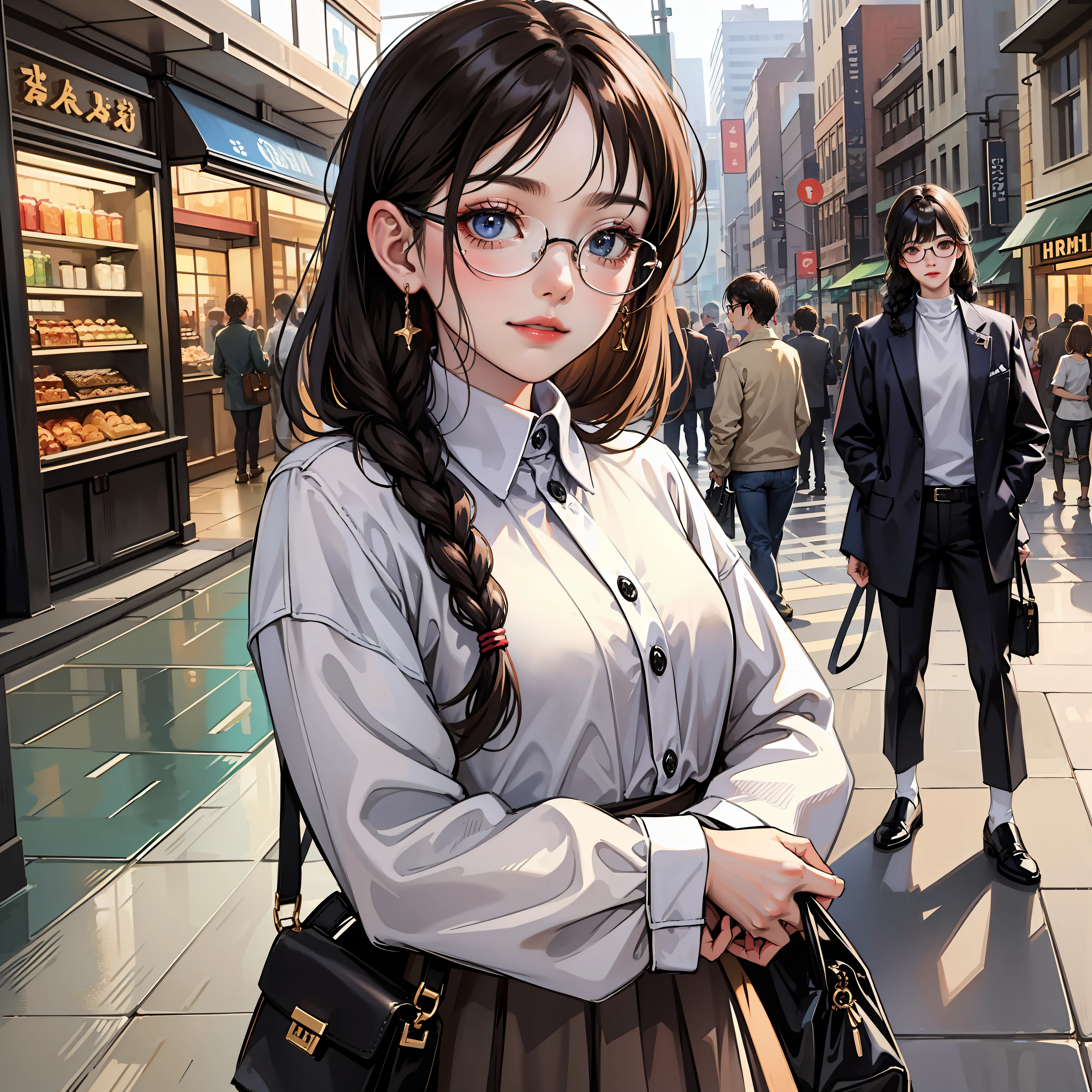 Masterpiece, best quality,
1 girl, looking at the audience,
Reserved class leader girl, gentle smile, relaxed posture, braid braids, glasses, casual conservative clothing, tasteful details, accessories, shoes, bags, leisure environments such as parks, cafes or shopping centers, soft pastel colors and natural tones, background scenery of plants and animals, relaxed atmosphere,
Anime, Illustrations, 
 Delicate skin texture, delicate fabric texture, beautiful delicate face, intricate details, super detailed,