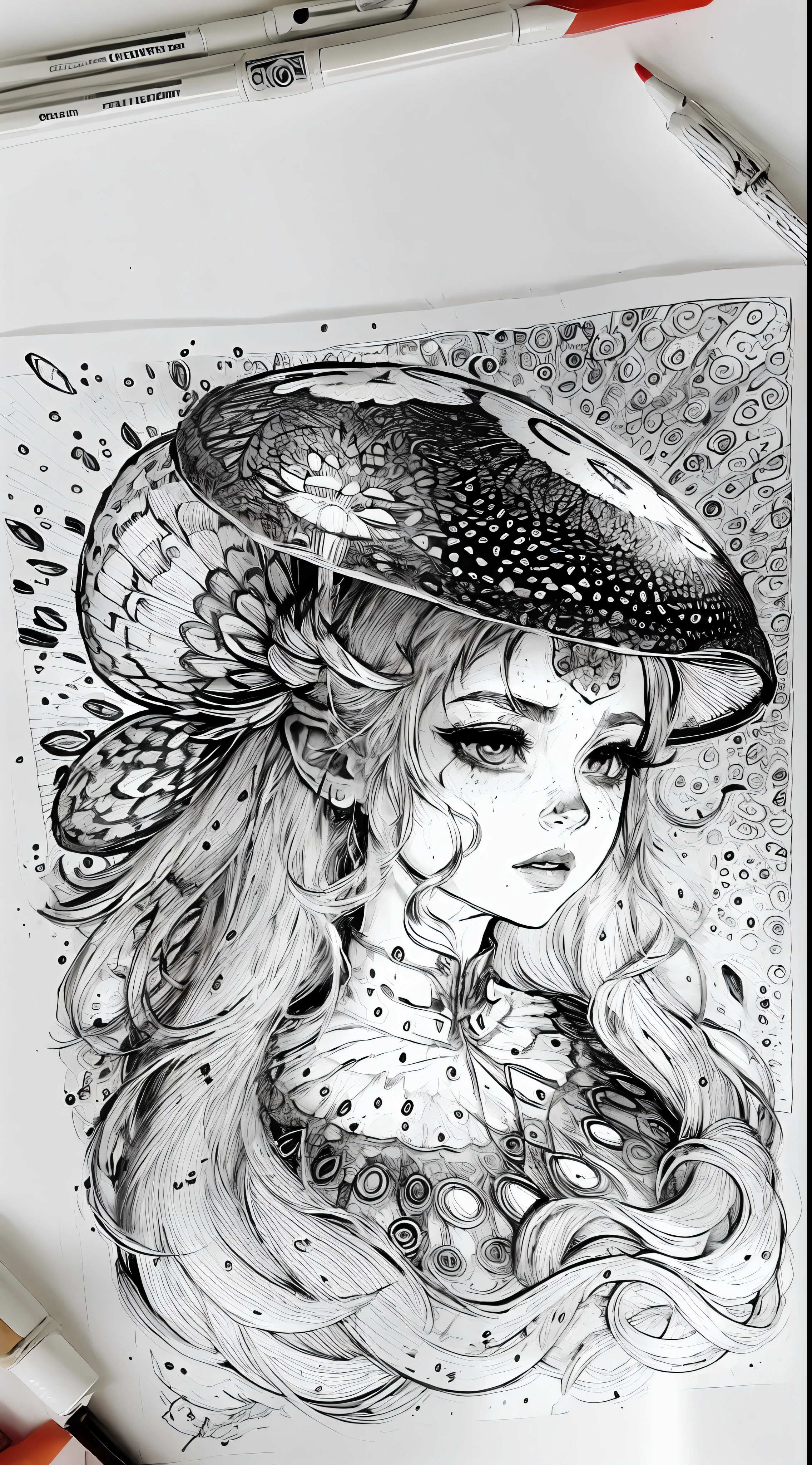 Coloring page with a black neat continuous outline, Amanita is drawn, Anti-stress coloring page