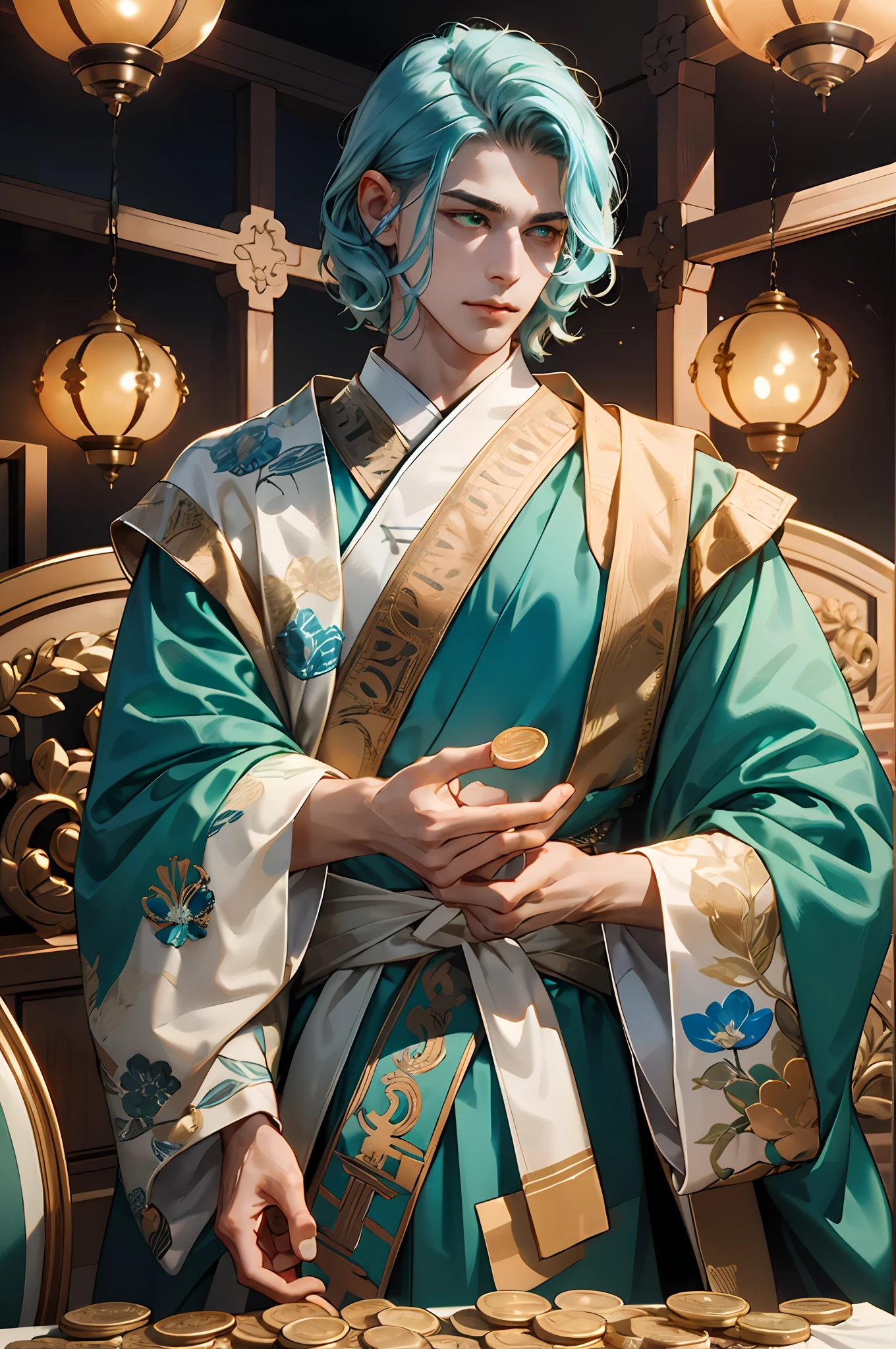 ember,(Light focus)Dark environment,Light solo,over head lighting,Looks pensive,Conference table,Behind the conference table,mastermind,Plotting conspiracies(hoang lap,A high resolution,ultra - detailed),1 male(Light blue curly hair)short detailed hair,Curls,curlies(voluminous hair)wily,tall muscular guy,a broad shouldered,curlies(pale-blue),Undercut,Green eyes,Wide sleeves,Simple costume styling,Blue-green robe(baggy)(Wide robe clothes),Gold streamlined,Gold decorative garment,Fine eyes and detailed face,the Extremely Detailed CG Unity 8K Wallpapers,Complicated details,sportrait,Gold coins in hand(Take the money),独奏,Half shot,detailedbackground,focus-on,earnest,ssmile,politician(Color waves),floating gold coins,dynamicposes,Blue-gold robe,Curly hair flutters in the wind,curlies,Gloomy dark reality lighting,Stately hall in the background