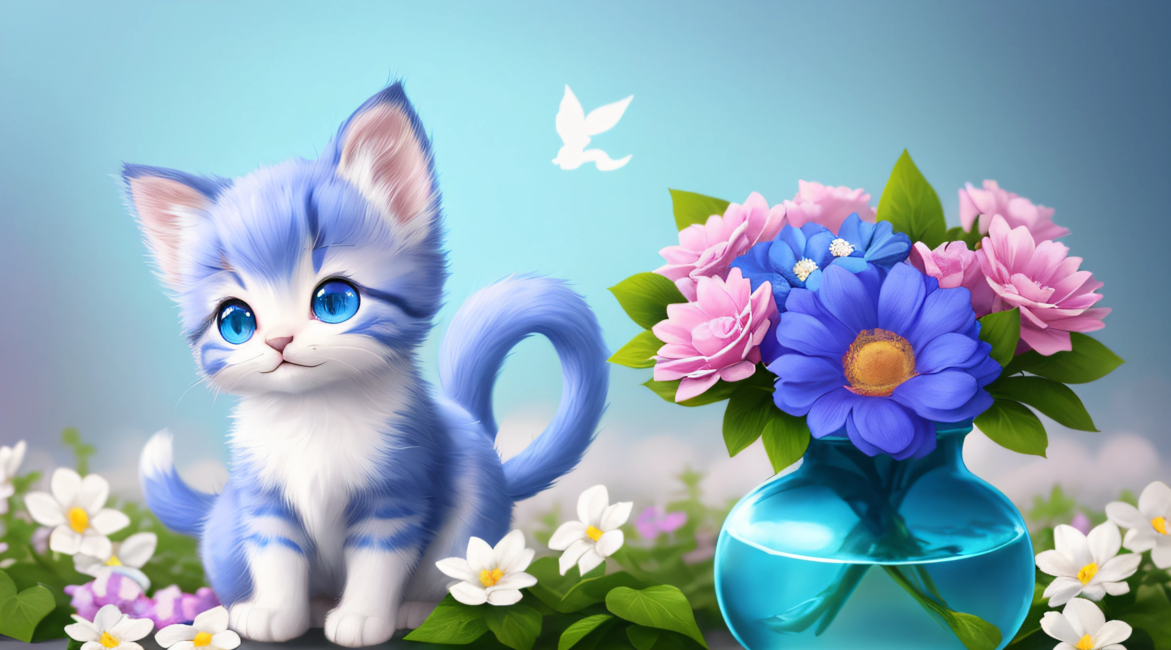 A kitten with a tiny tail, a small nose, small ears, blue eyes, blue background, flowers, vase, dream, caroline chariot-dayez pastels, tumblr, furry art, elokitty, Disney's Bambi cat, Disney's stylized furry, ears floating, fluffy tail, human cat, fluffy ''', fluffy !!!, high resolution, furry art!!!