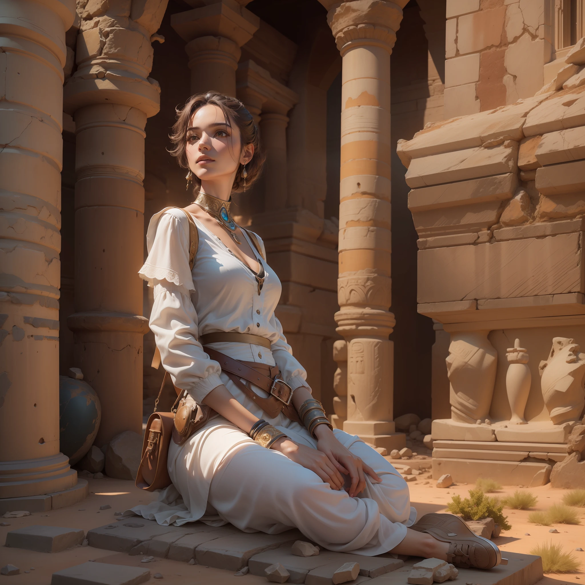 a woman sitting in a cave looking out at a building, ancient ruins behind her, ancient ruins under the desert, temples behind her, beautiful ancient ruins behind, at an ancient city, in ancient city ruins, ancient ruins in the background, sacred ancient architecture, ancient architecture, android girl in egyptian ruins, enchanting and otherworldly, 🤠 using a 🖥, clothed in ancientม((Best quality)), ((masterpiece)), (detailed:1.4), 3D, an image of a beautiful female,HDR (High Dynamic Range),Ray Tracing,NVIDIA RTX,Super-Resolution,Unreal 5,Subsurface scattering,PBR Texturing,Post-processing,Anisotropic Filtering,Depth-of-field,Maximum clarity and sharpness,Multi-layered textures,Albedo and Specular maps,Surface shading,Accurate simulation of light-material interaction,Perfect proportions,Octane Render,Two-tone lighting,Wide aperture,Low ISO,White balance,Rule of thirds,8K RAW