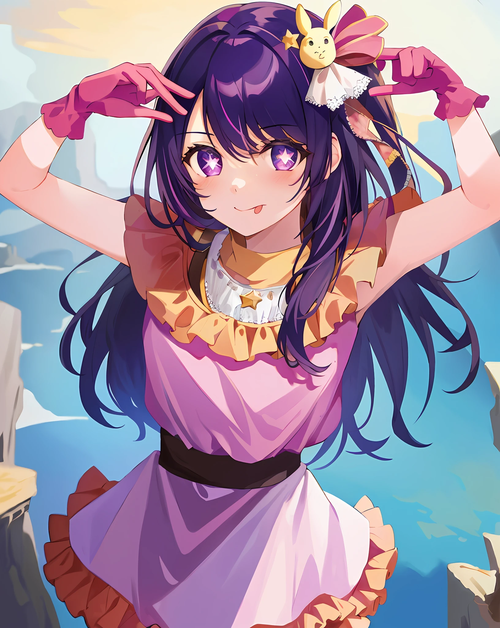 1girl, full body, cowboy shot,
(Rembrandt), illustration, (masterpiece), (best quality), (ultra_detailed), finely detail, (Depth of field),
HshinoAi,gloves, tongue out, tongue, long hair, star \(symbol\), looking at viewer, (purple hair:1.2), purple eyes, upper body, hair ornament, :p, frills, pink shirt, smile, sleeveless, shirt, idol, symbol-shaped pupils, hands up, bangs, one side up, star-shaped pupils, arms up,
dress pull,
Roaring Twenties, isometric, from above, sky, flower, cliff,