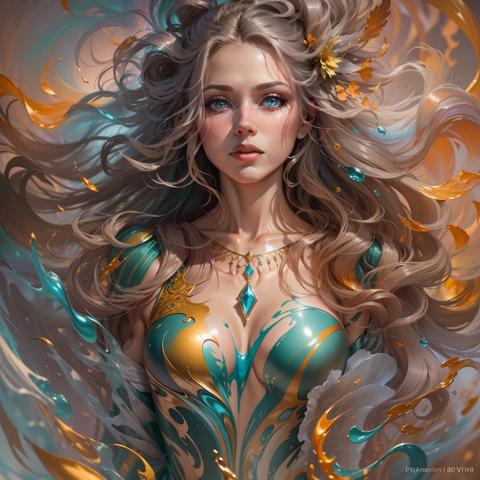 wild mystical lady with waving hair, metallic shine, detailed symmetric eyes, detailed gorgeous face,, anatomically correct, flawless, appearing from colorful liquid oil paint, emerging out of swirling paint best quality, rainbow colors, in style of Andrew Atroshenko, light and glittering and magic diamond shine, magical, ethereal, 8k uhd, dslr, soft lighting, high quality, film grain, Fujifilm XT3