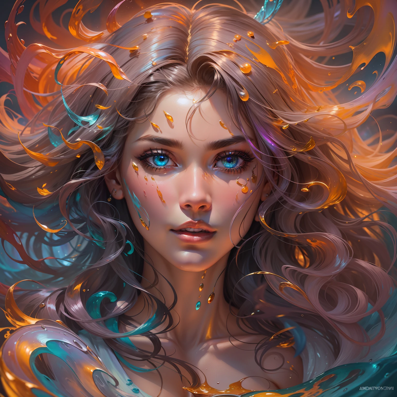 wild mystical lady with waving hair, metallic shine, detailed symmetric eyes, detailed gorgeous face,, anatomically correct, flawless, appearing from colorful liquid oil paint, emerging out of swirling paint best quality, rainbow colors, in style of Andrew Atroshenko, light and glittering and magic diamond shine, magical, ethereal, 8k uhd, dslr, soft lighting, high quality, film grain, Fujifilm XT3