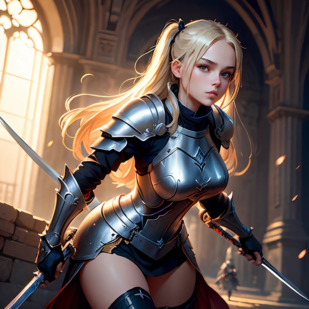 Style image of a woman in armor holding two swords, Artorian Pendragon, guweiz on artstation pixiv, guweiz on pixiv artstation, ig model | ArtGerm, Gorgeous Female Paladin, of a beautiful female knight, very detailed Artgerm, cushart krenz key art feminine, Wojtek FUS Realistic Blonde Beautiful Girl 13 Years Old Dual-wielding Blonde Twin Tails Battlefield with Medieval European Castle Little Girl --auto