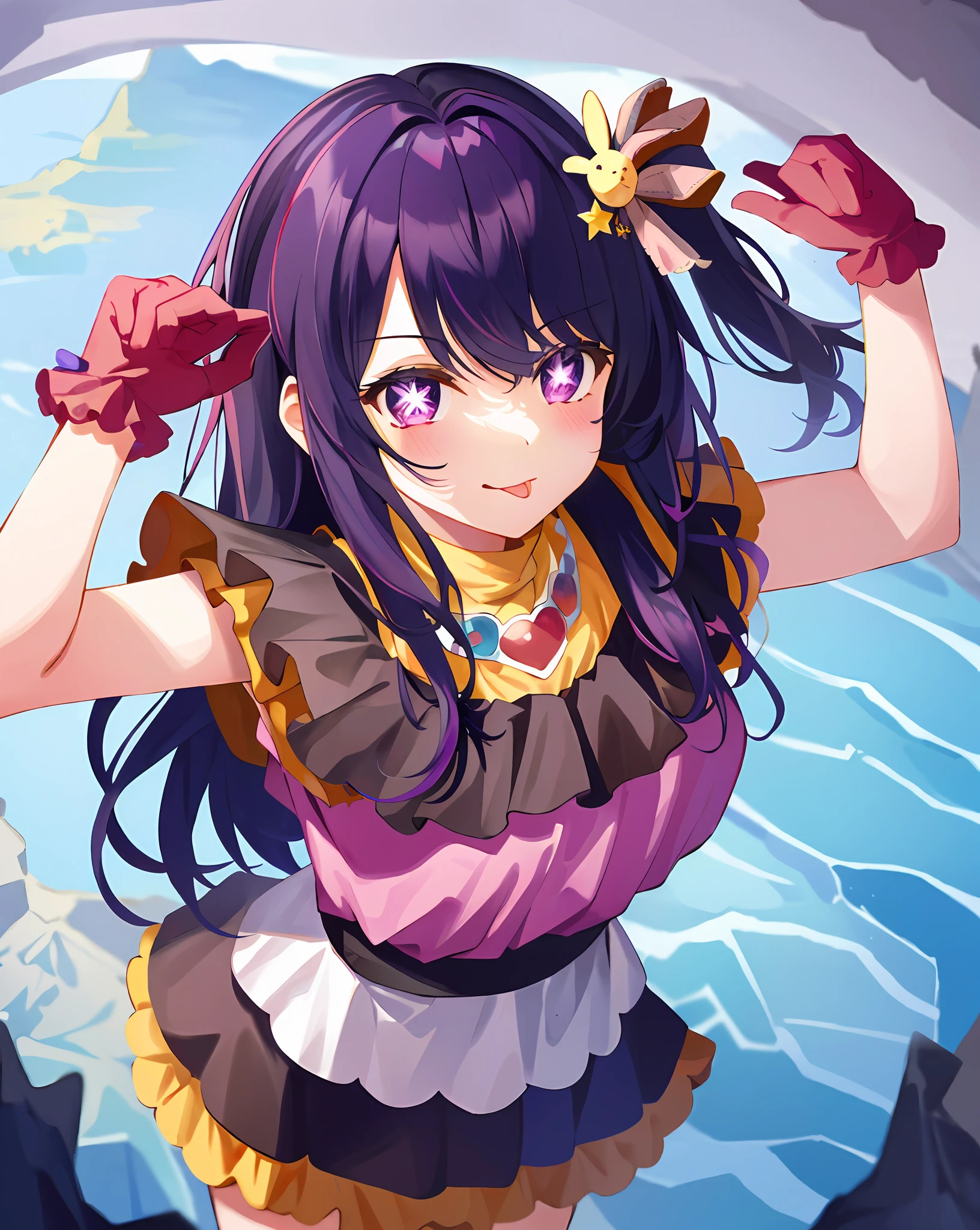 1girl, full body, cowboy shot,
(Rembrandt), illustration, (masterpiece), (best quality), (ultra_detailed), finely detail, (Depth of field),
HshinoAi,gloves, tongue out, tongue, long hair, star \(symbol\), looking at viewer, (purple hair:1.2), purple eyes, upper body, hair ornament, :p, frills, pink shirt, smile, sleeveless, shirt, idol, symbol-shaped pupils, hands up, bangs, one side up, star-shaped pupils, arms up,
dress pull,
Roaring Twenties, isometric, from above, sky, flower, cliff,