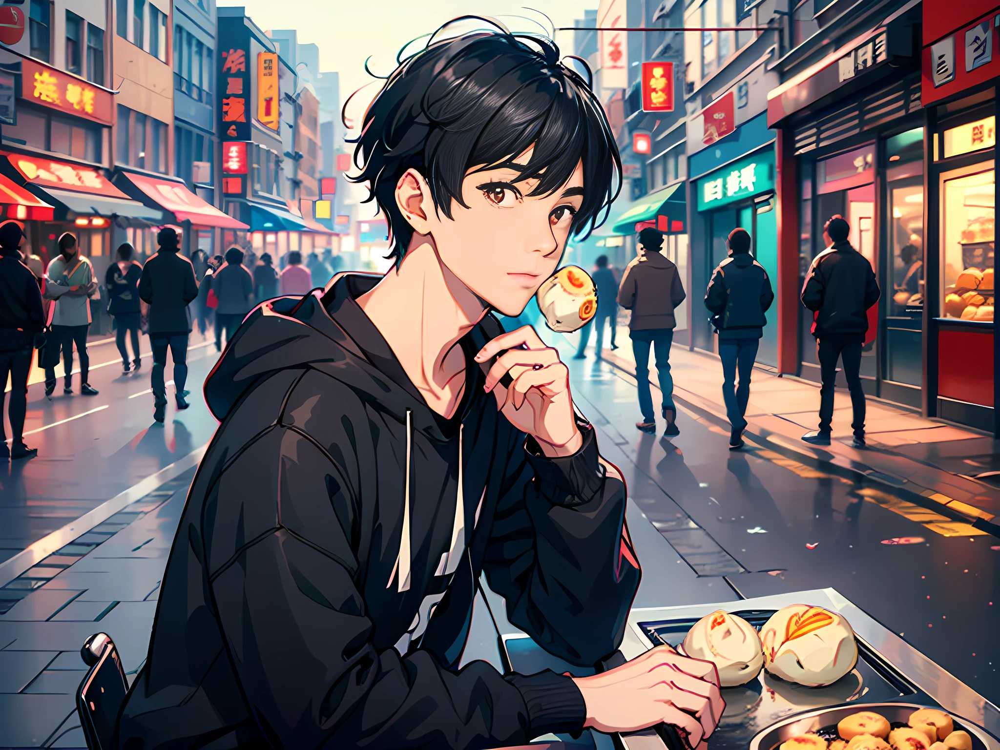 A young man sitting at a street stall,Holding a cheap steamed bun in his hand,It is surrounded by busy streets and pedestrians。black color hair,Black sweatshirt,male people,with brown eye,Handsome,18yr old