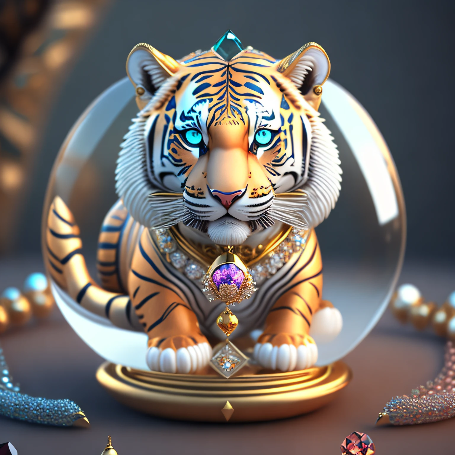 A cute crystal ball zodiac tiger embellished with various jewelry ornaments and low-poly eyes are a highly detailed and complex concept art craft using Artstation 8k quality.
