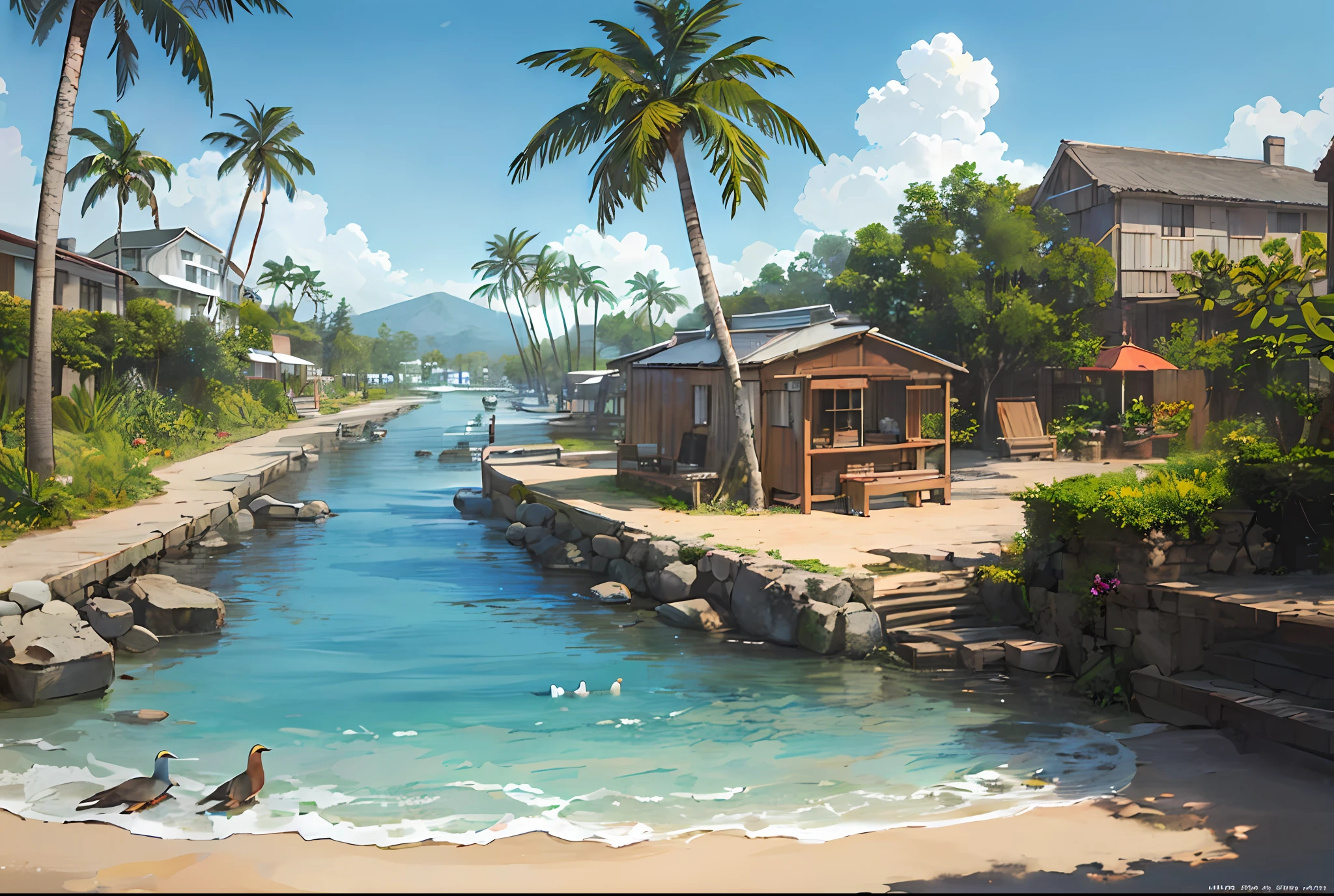 (((Best Quality))), high saturation, clear, reasonable structure, cartoon style, architecture, beach, boat, hut, palm tree, sand, sea, seagull, sky, sunny day, fantasy, no_humans, outdoor, landscape, real, beautiful and amazing landscape oil painting Ghibli Studio Miyazaki’s tropical island with blue sea and sky, tropical island, coconut --v6