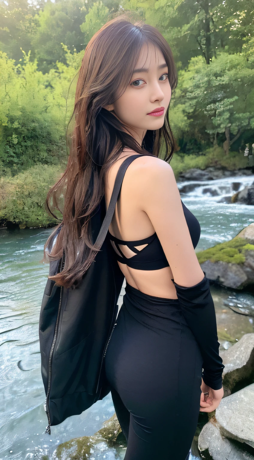 (natta, Need, 8K, tmasterpiece:1.3)), full bodyesbian, Long legs, Focalors:1.2, perfect figure beautiful woman:1.4, Slim abs:1.1, ((Dark brown hair, large tities:1.2 )), (Manteau，Crossbody backpack，Side head:1.2,), ((mountain water,small stream，:1.3)), Highly detailed facial and skin texture, A detailed eye, 二重まぶた，Flying long hair，fully body photo，POSS，