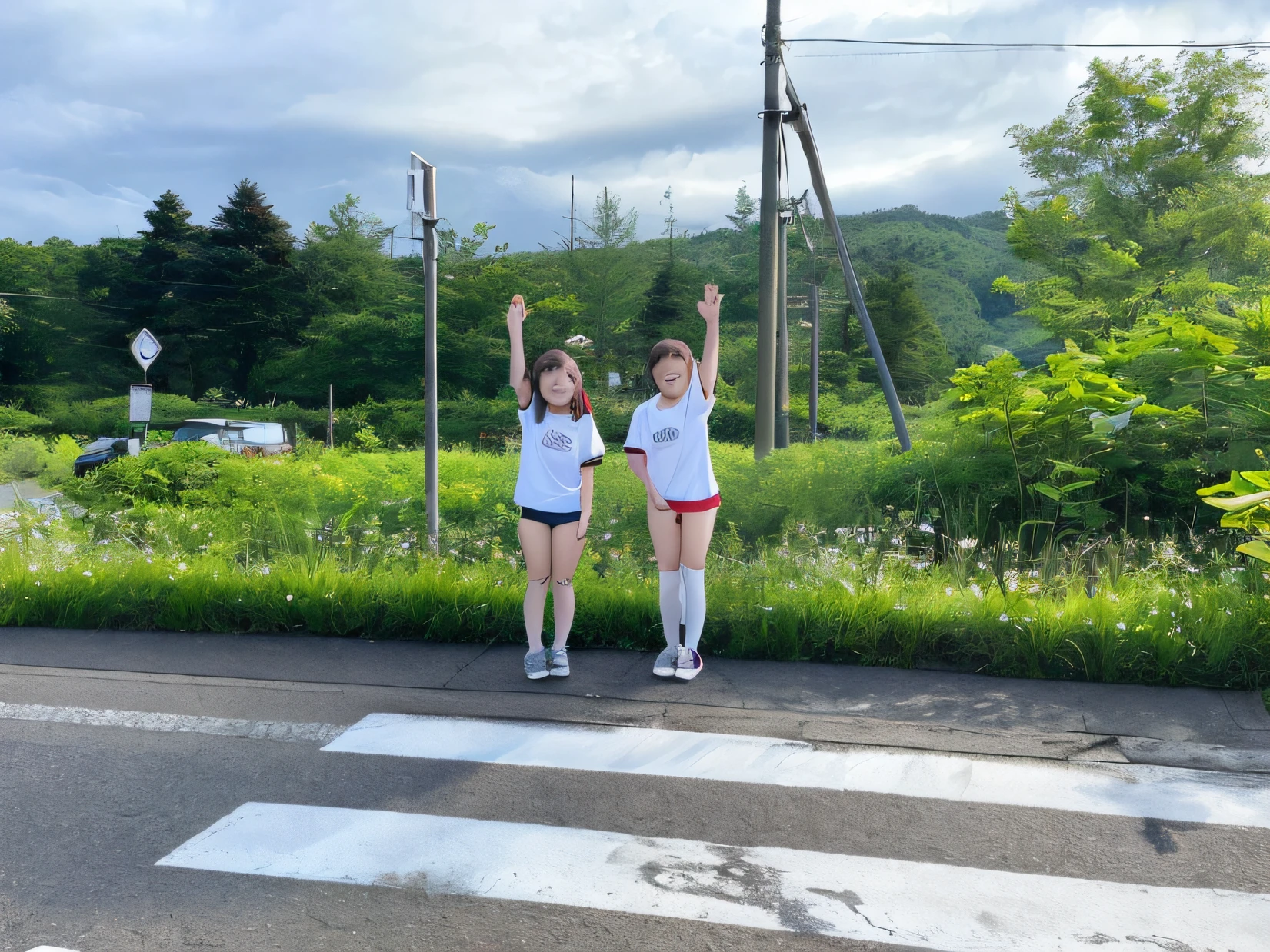Two girls in white shirts and red shorts standing on street corner, two japanese schoolgirls posing, standing on the road, 🚿🗝📝, standing bravely on the road, intersection, 8K)), Happy!!!, Pose(Arms up + Happy), on the roadway, In Karuizawa, crosswalk, yoshitomo nara and aya takano