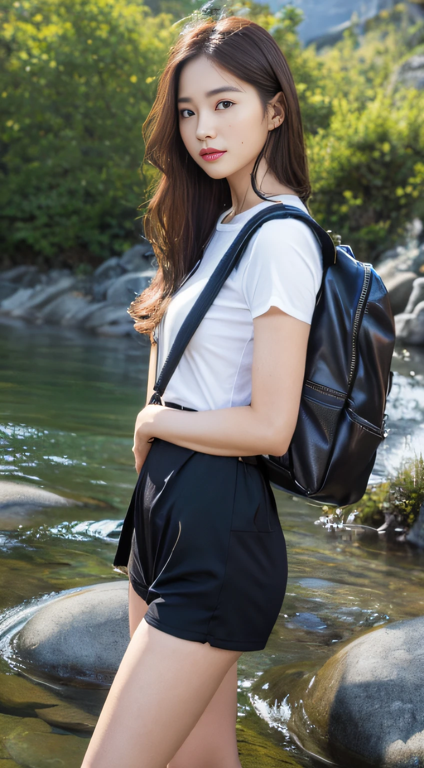 (natta, Need, 8K, tmasterpiece:1.3)), full bodyesbian, Long legs, Focalors:1.2, perfect figure beautiful woman:1.4, Slim abs:1.1, ((Dark brown hair, large tities:1.2 )), (Manteau，Crossbody backpack，Side head:1.2,), ((mountain water,small stream，:1.3)), Highly detailed facial and skin texture, A detailed eye, 二重まぶた，Flying long hair，fully body photo，POSS，