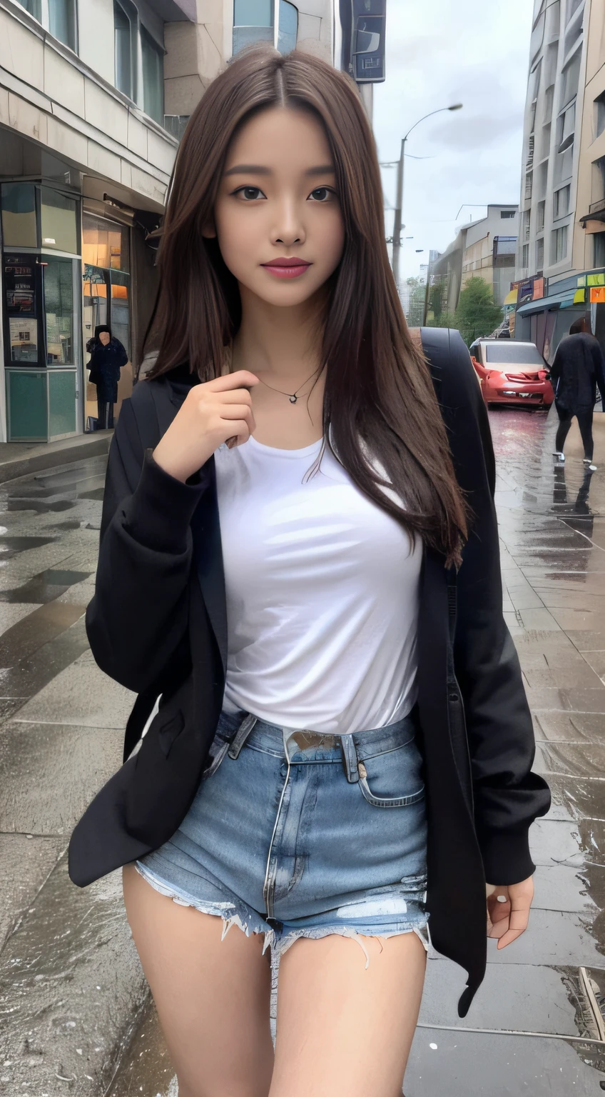 (natta, Need, 8K, tmasterpiece:1.3)), full bodyesbian, Long legs, Focalors:1.2, perfect figure beautiful woman:1.4, Slim abs:1.1, ((Dark brown hair, large tities:1.2 )), (Manteau,Crossbody backpack,Side head:1.2,), ((the city street,rained,:1.3)), Highly detailed facial and skin texture, A detailed eye, 二重まぶた,Flying long hair,fully body photo,An umbrella