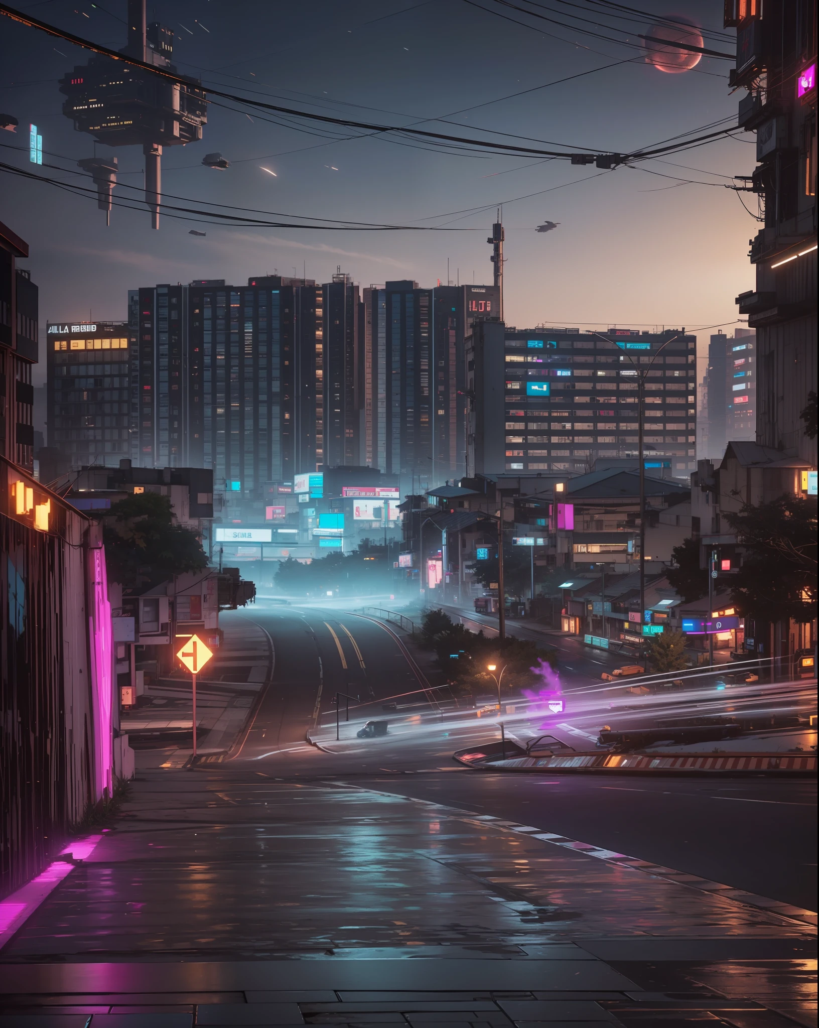 a city cyberpunk, UHD, ultra detailed, violet perple cinematic, highres, Anti Aliasing, FKAA, TXAA, RTX, SSAO, 8k quality, unreal engine 5, comet