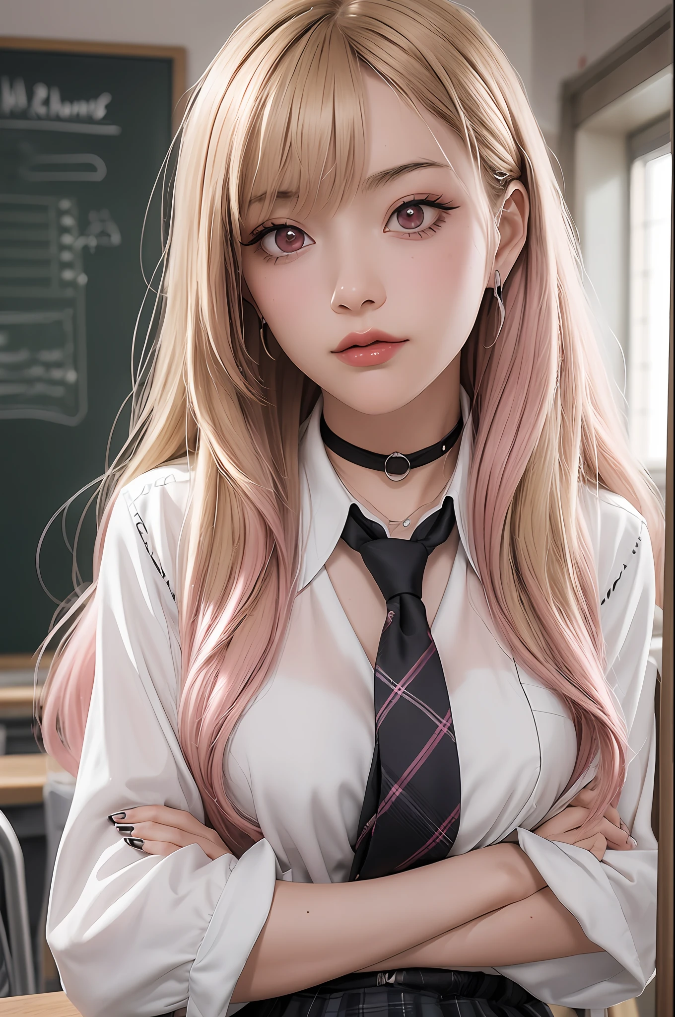 1girl, Kitagawa, portrait, blonde, masterpiece, best quality, highres, upper blodie, (from front), 1 girl, blonde hair, long hair, hq, straight hair, pink hair tips, red eyes, piercing in ear, school uniform, white shirt, tied shirt, black chocker, gray necktie, skirt plaid, (serious), look serious, flushy, pink lips, medium bust, (stand), (school class), soft skin, (high quality cloting), shiny eyes, pink eyelid, black eyeliner, nails pink, (crossed arms), beautiful face, 4k, chalkboard in the background, best quality, raw camera, chairs tables,