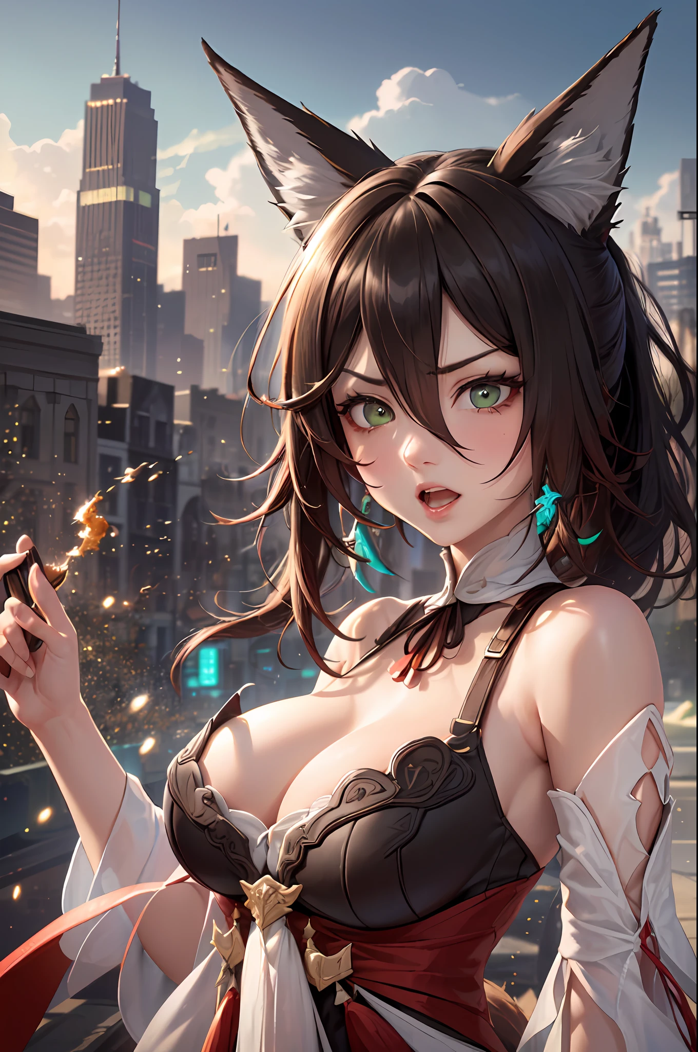 (Dynamic angle, upper body,Battlefield, artillery fire, ruins, ashes,imid shot, particle effect,artistic effect:1.2),(floating and spread hair:1.2), (detailed and delicate and flexible eyes),(1girl,solo,arm, Tingyun (Honkai Star Rail),splash ink,angry.open_mouth,shout,dark brown hair,green eyes,bare shoulders, jewerly, ponytail, medium hair, brown hair, dress, large breasts, detached sleeves,Big fox ears:1.2), (corrpution:1.15), fov,f/1.8, side lighting, sunlight ,(masterpiece, best quality, Ultra Detail, wallpaper, detailed shiny skin, flawless, 8k, RAW, highres,absurdres,:1.3), (detailed super oily shiny skin:1.1), colorful, power,